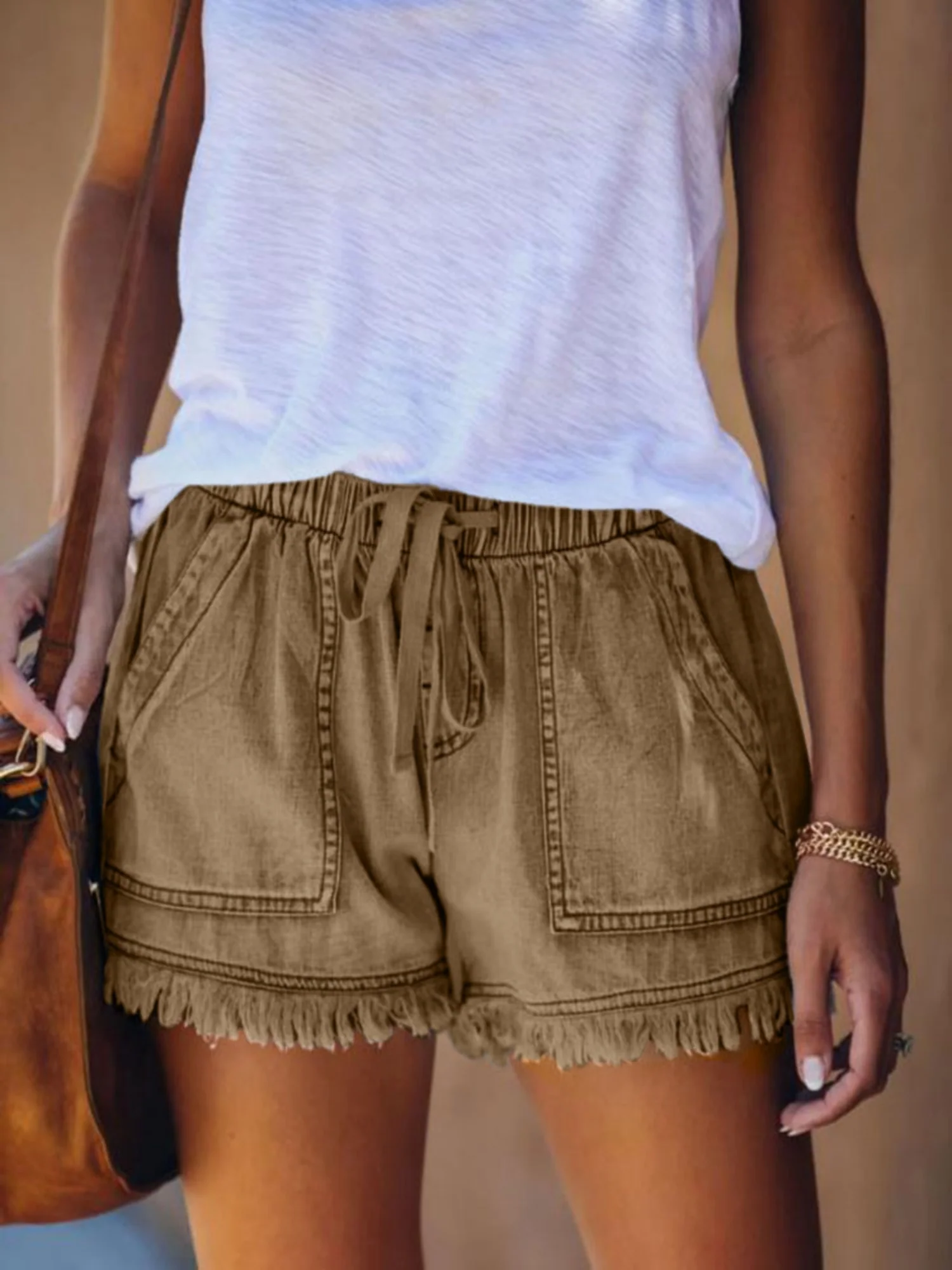 Elastic Waistband Tassel Pocket Straps Washed Jeans - Image 7