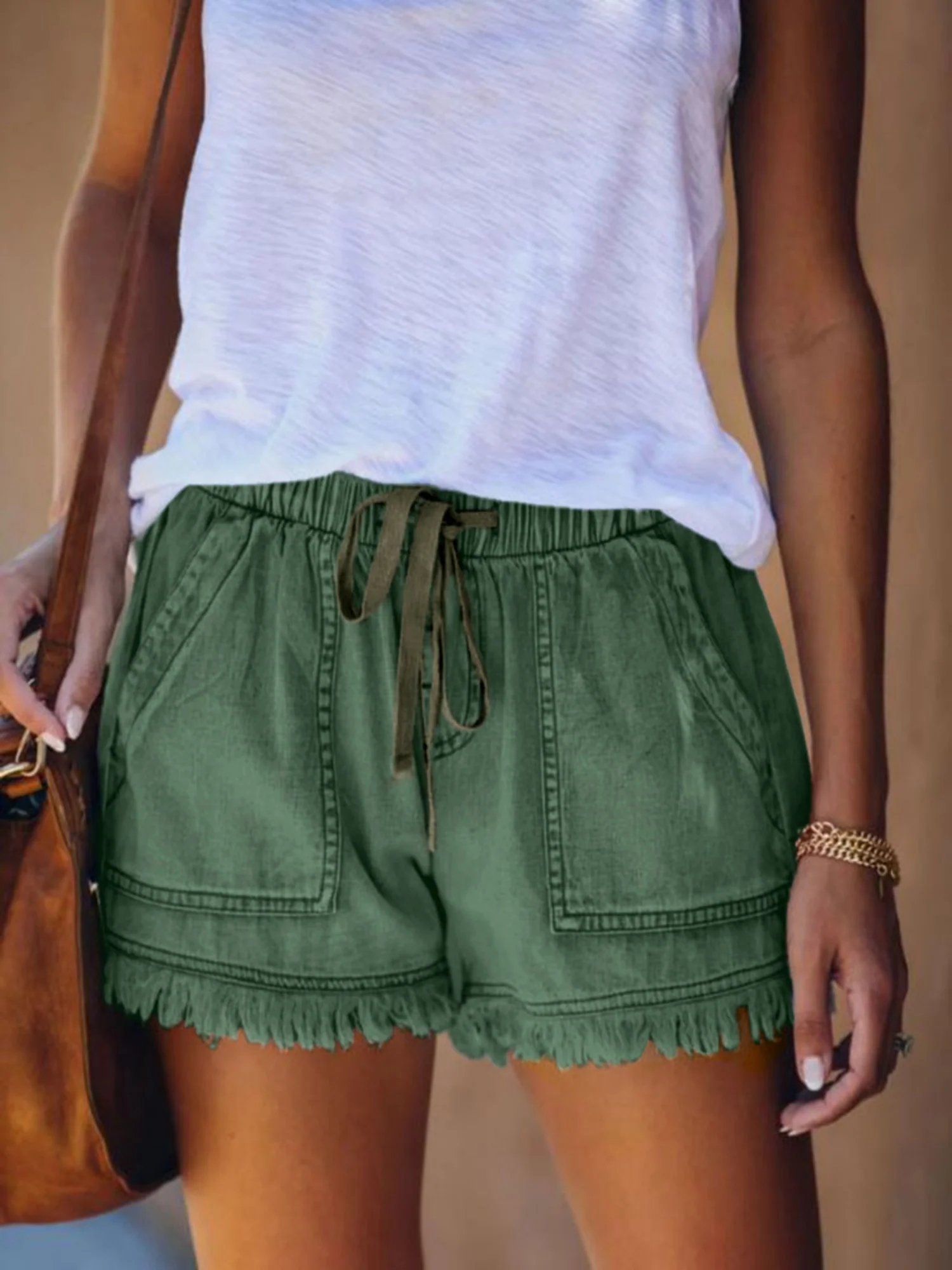Elastic Waistband Tassel Pocket Straps Washed Jeans - Image 8