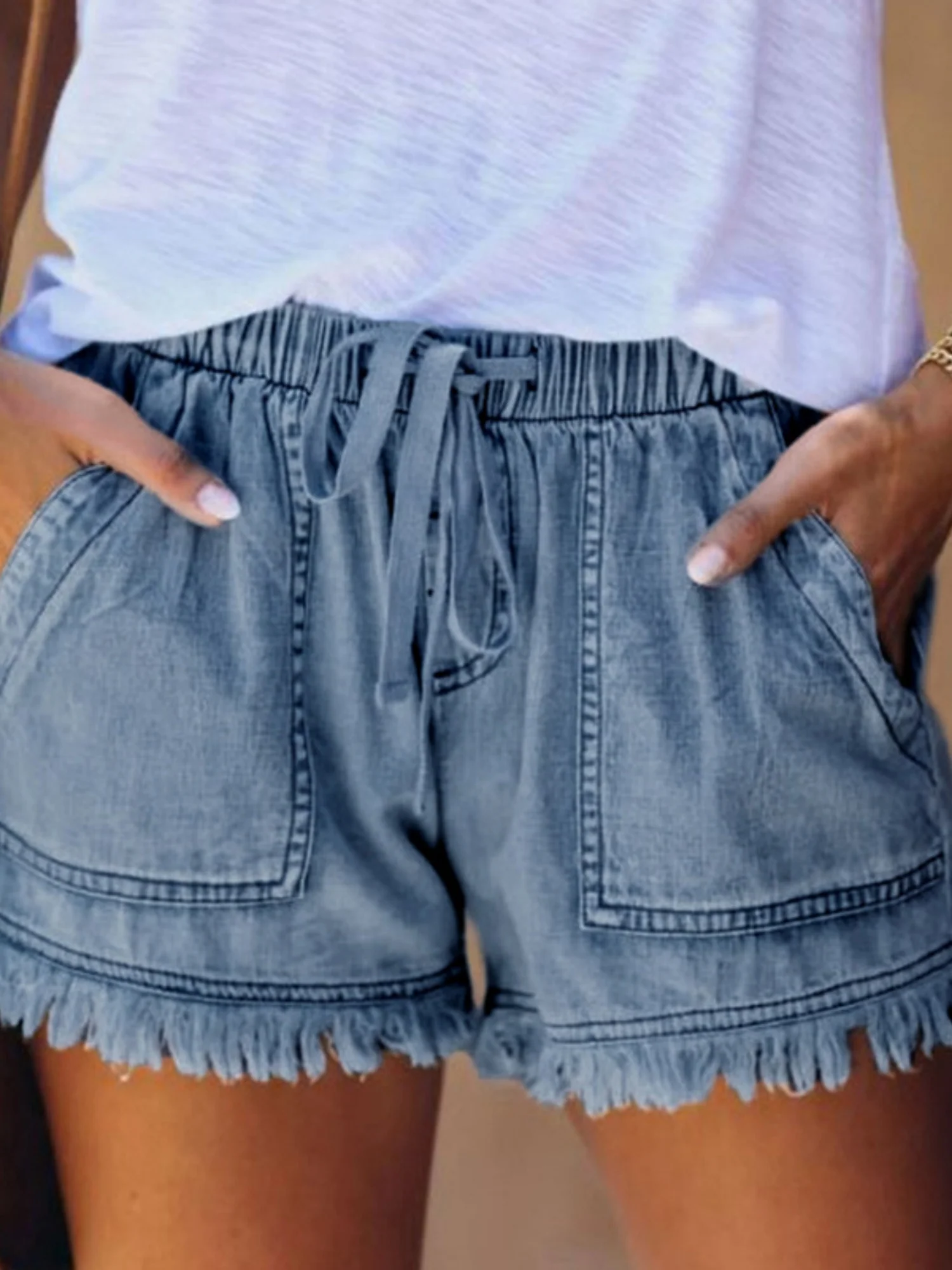 Elastic Waistband Tassel Pocket Straps Washed Jeans - Image 9