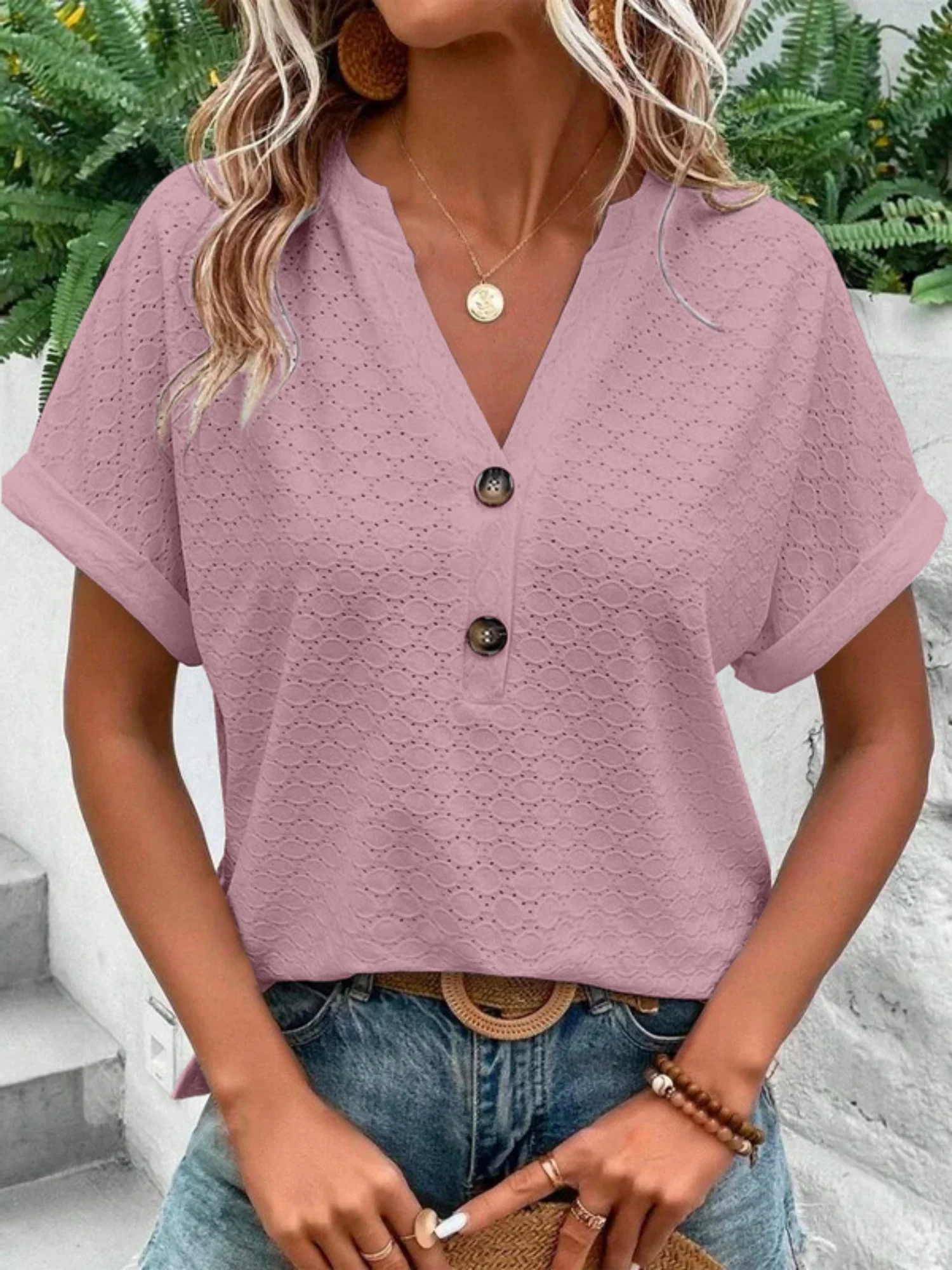 Knitting Buttons V-neck Short Sleeve T-shirts - Image 10