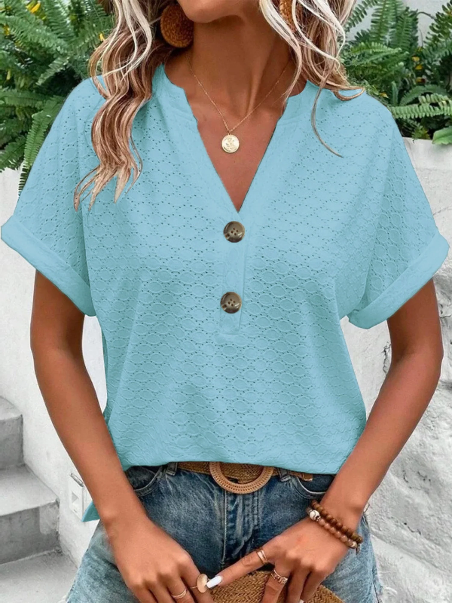 Knitting Buttons V-neck Short Sleeve T-shirts - Image 11