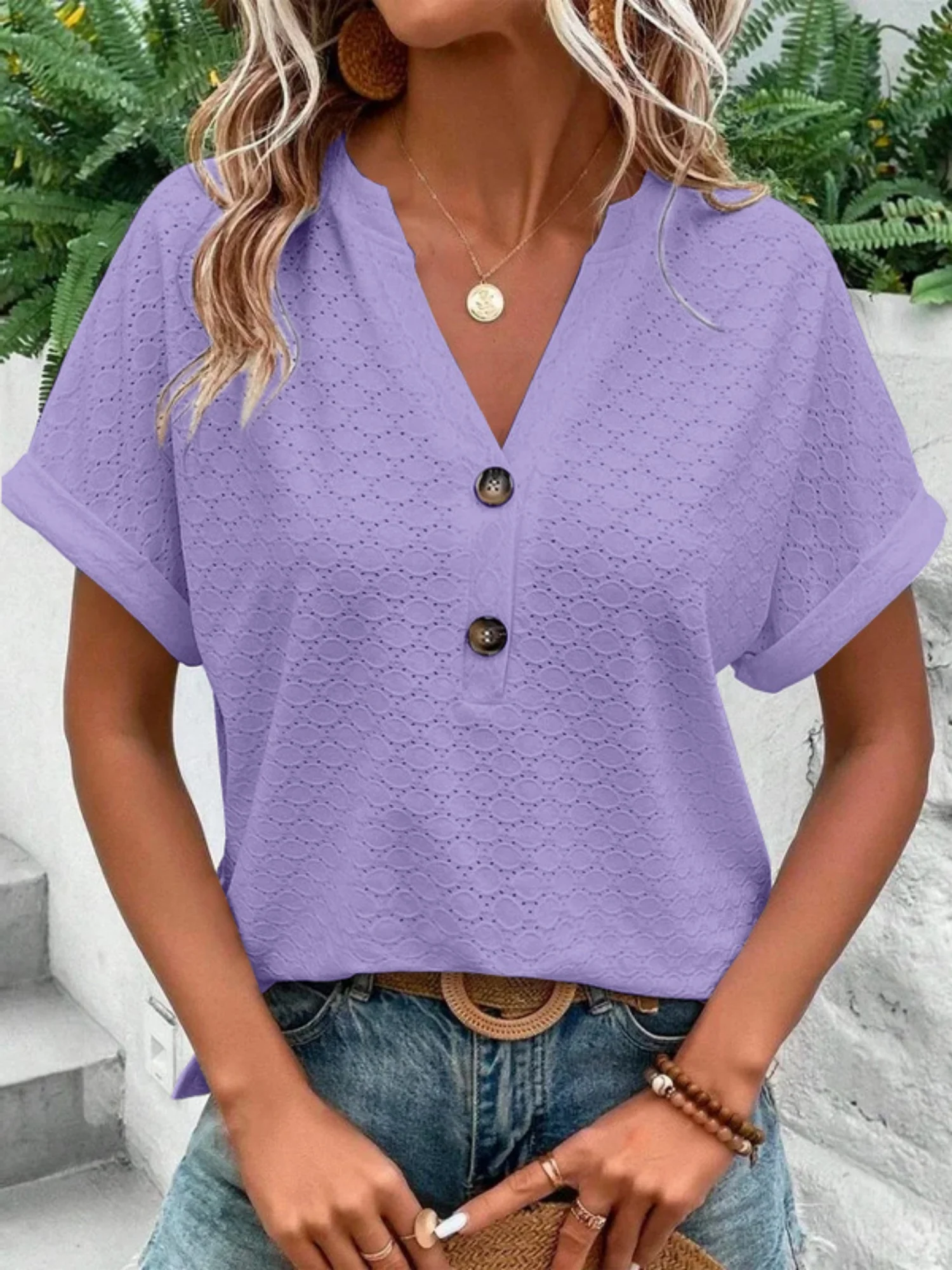 Knitting Buttons V-neck Short Sleeve T-shirts - Image 12