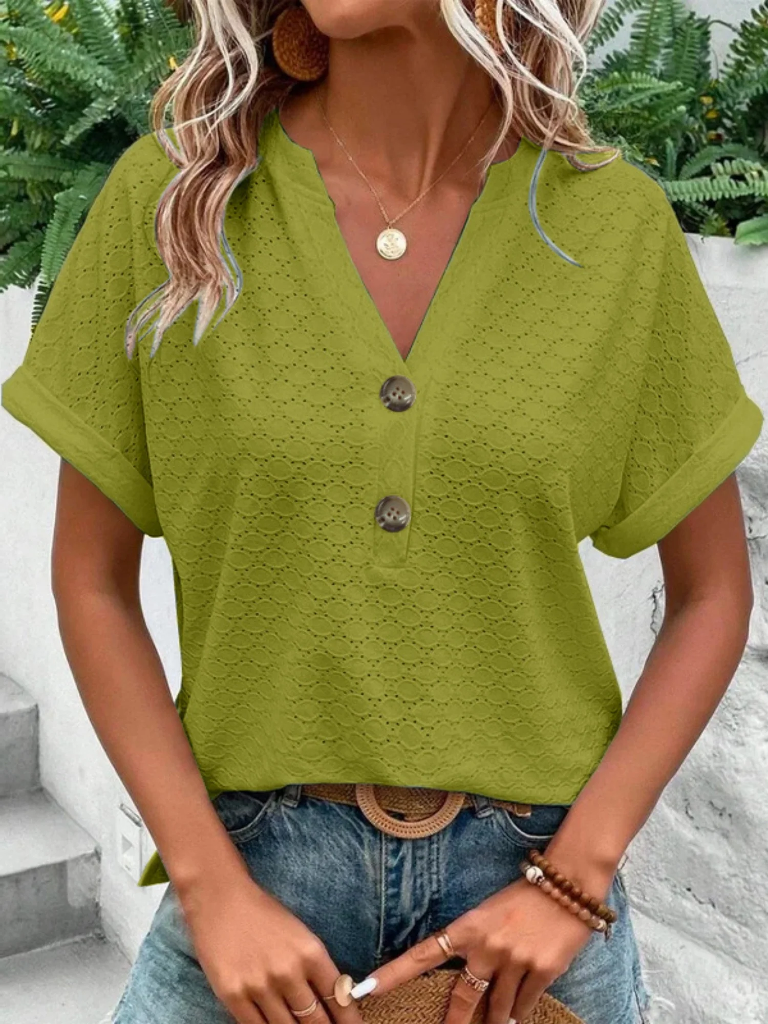 Knitting Buttons V-neck Short Sleeve T-shirts - Image 2