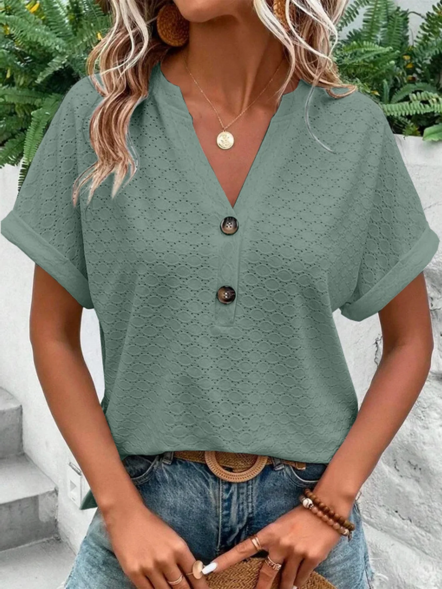 Knitting Buttons V-neck Short Sleeve T-shirts - Image 7