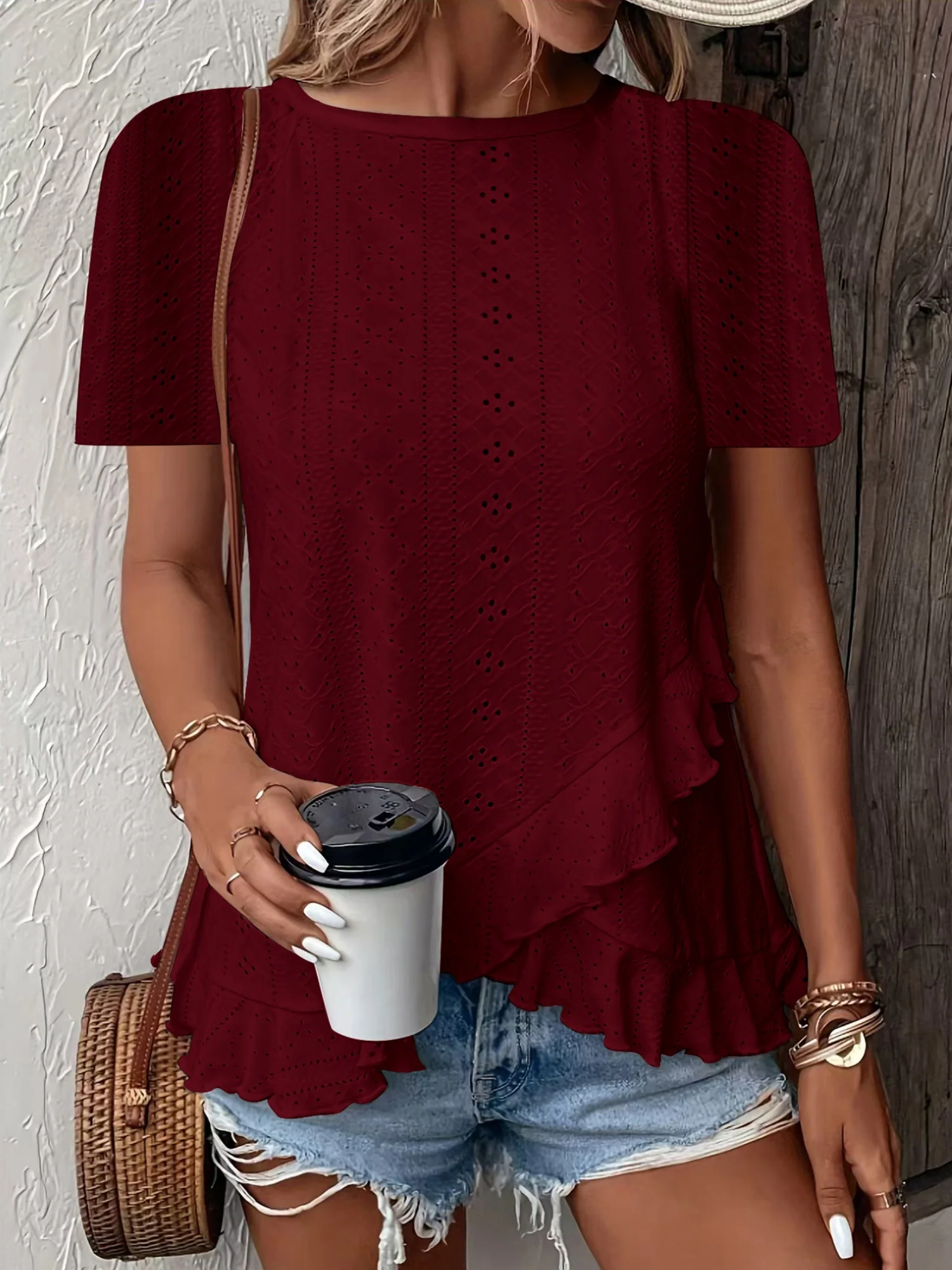Jacquard Hollow Out Ruffle Crew Neck Short Sleeve T-shirts - Image 7