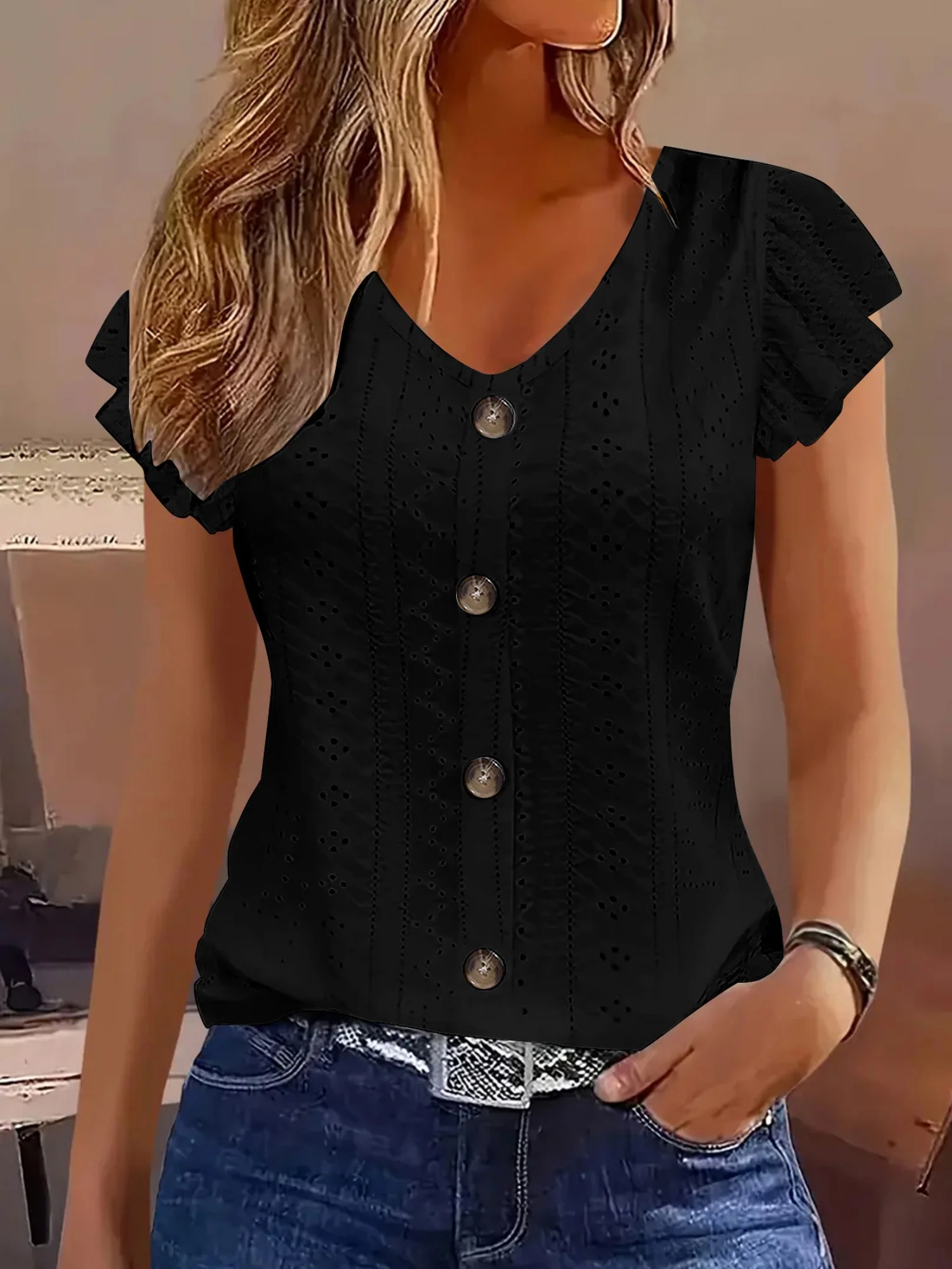 Jacquard Hollow Out Lotus Leaf Sleeves Buttons Crew Neck T-shirts - Image 5