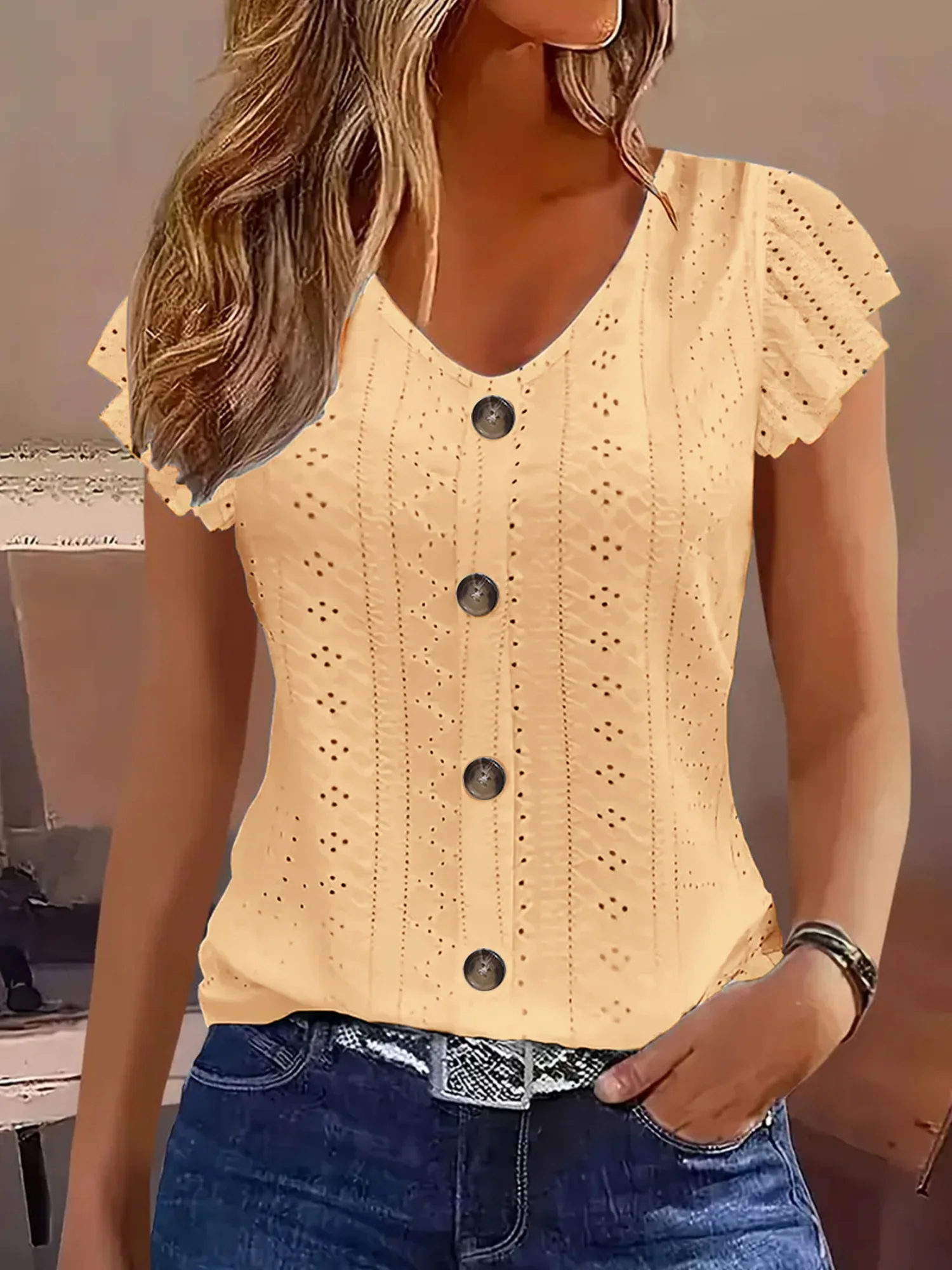 Jacquard Hollow Out Lotus Leaf Sleeves Buttons Crew Neck T-shirts - Image 6