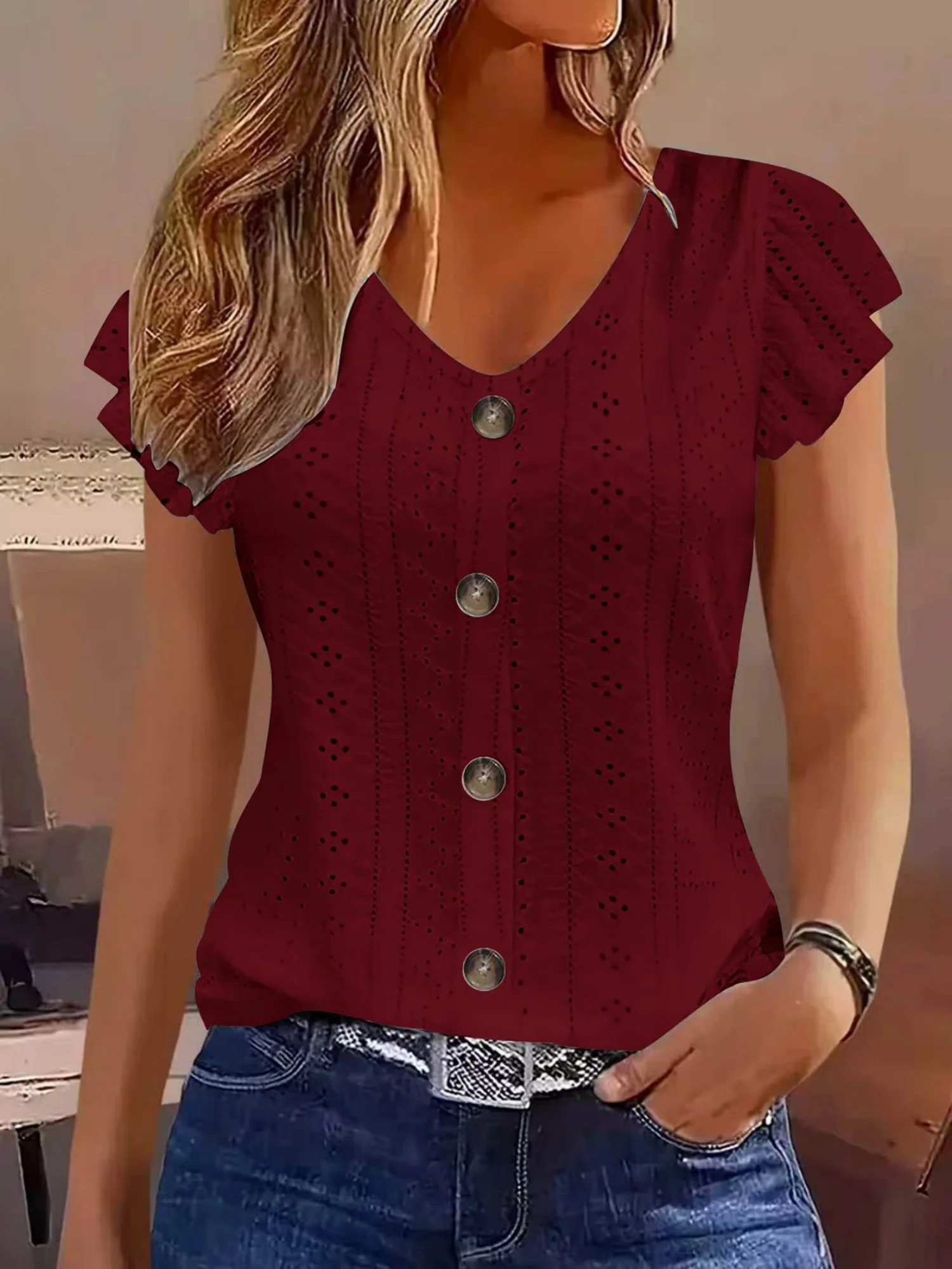 Jacquard Hollow Out Lotus Leaf Sleeves Buttons Crew Neck T-shirts - Image 7