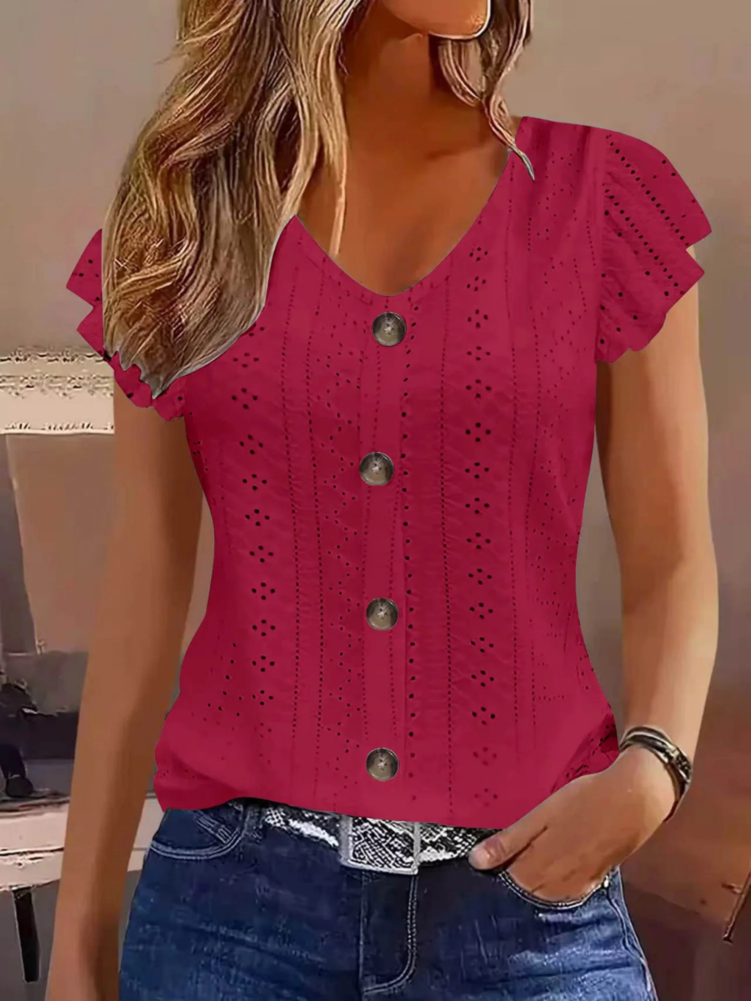 Jacquard Hollow Out Lotus Leaf Sleeves Buttons Crew Neck T-shirts - Image 9