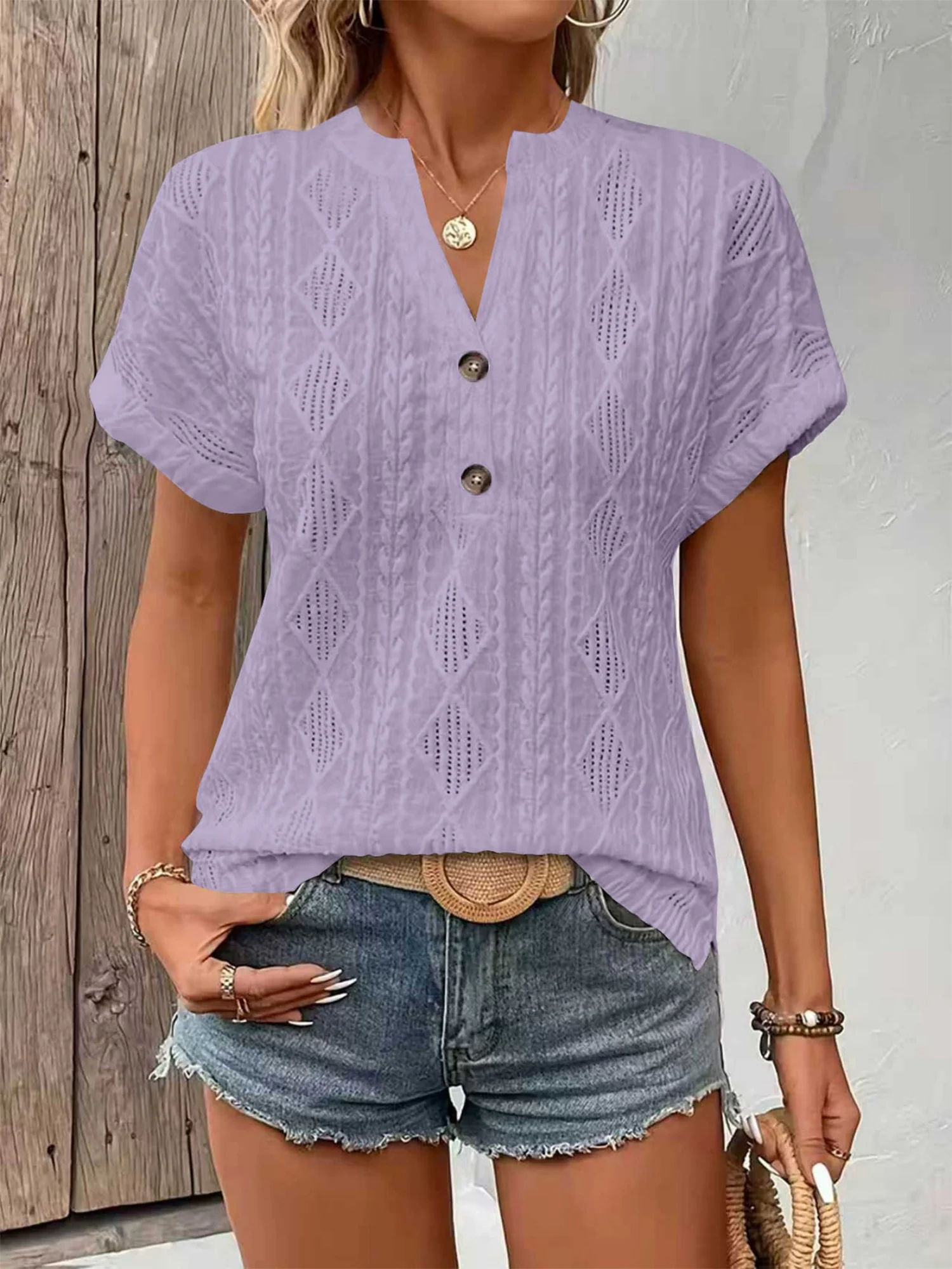 Knitting Buttons V-neck Short Sleeve T-shirts - Image 10