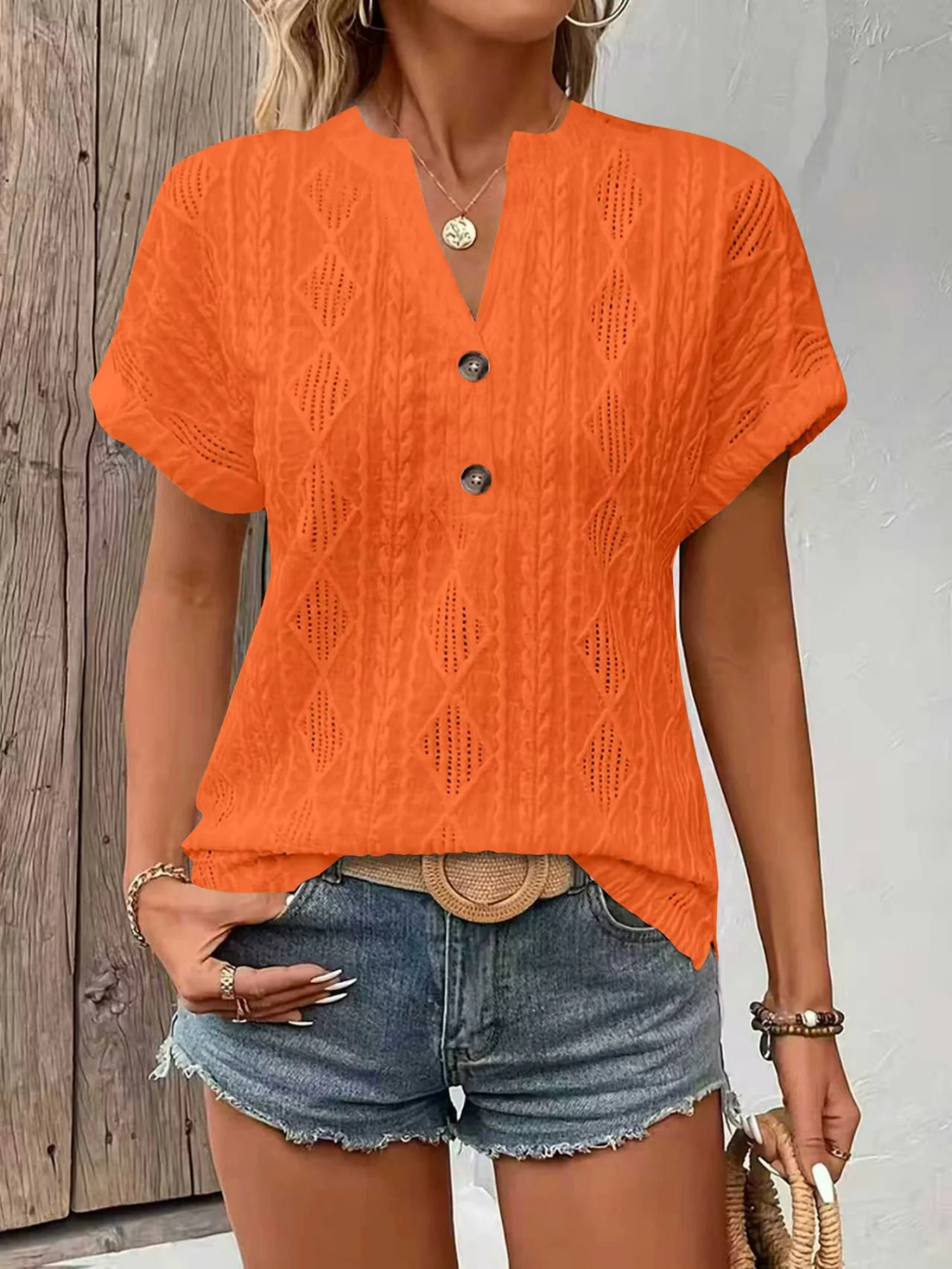 Knitting Buttons V-neck Short Sleeve T-shirts - Image 2