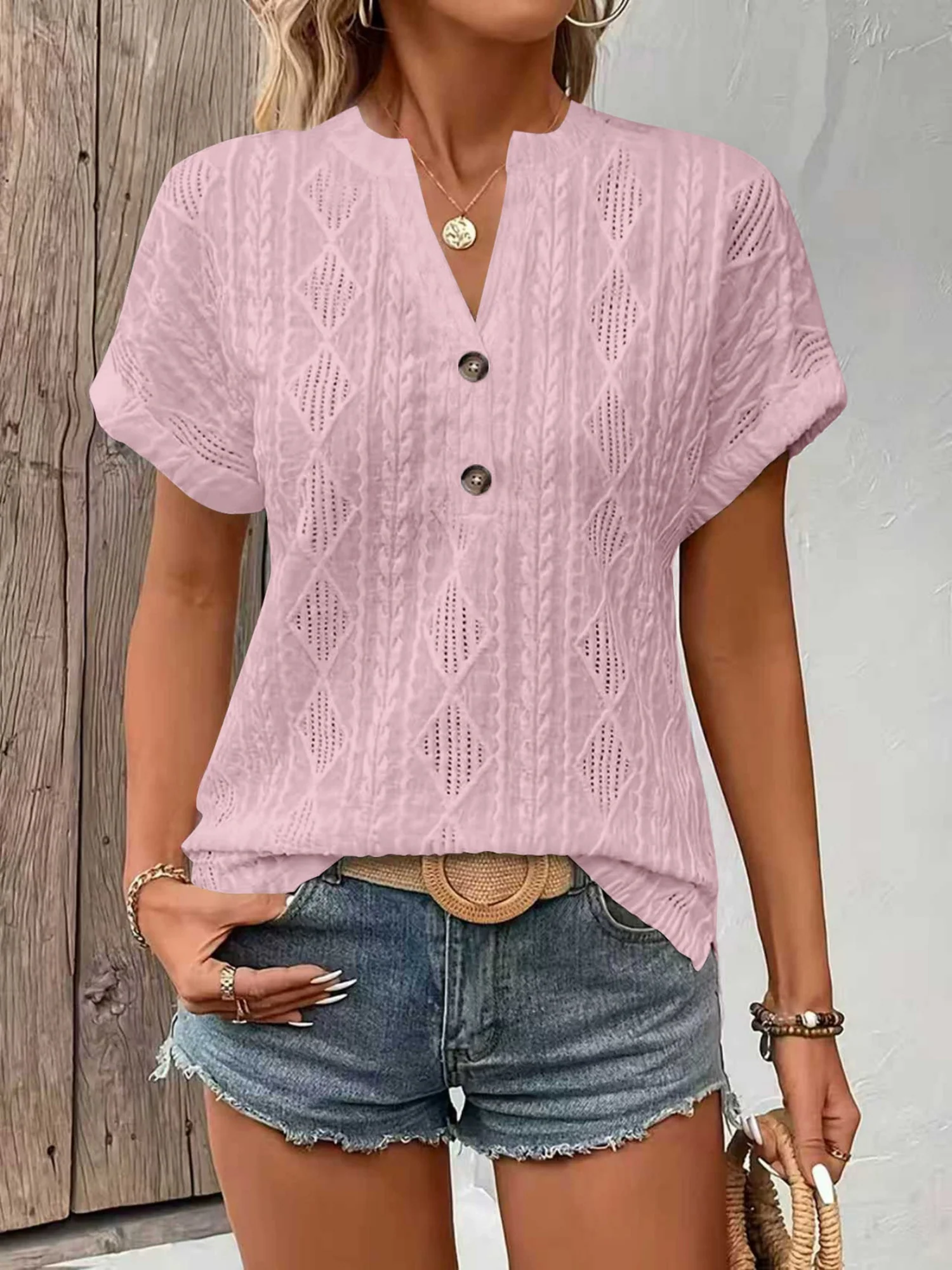 Knitting Buttons V-neck Short Sleeve T-shirts - Image 5