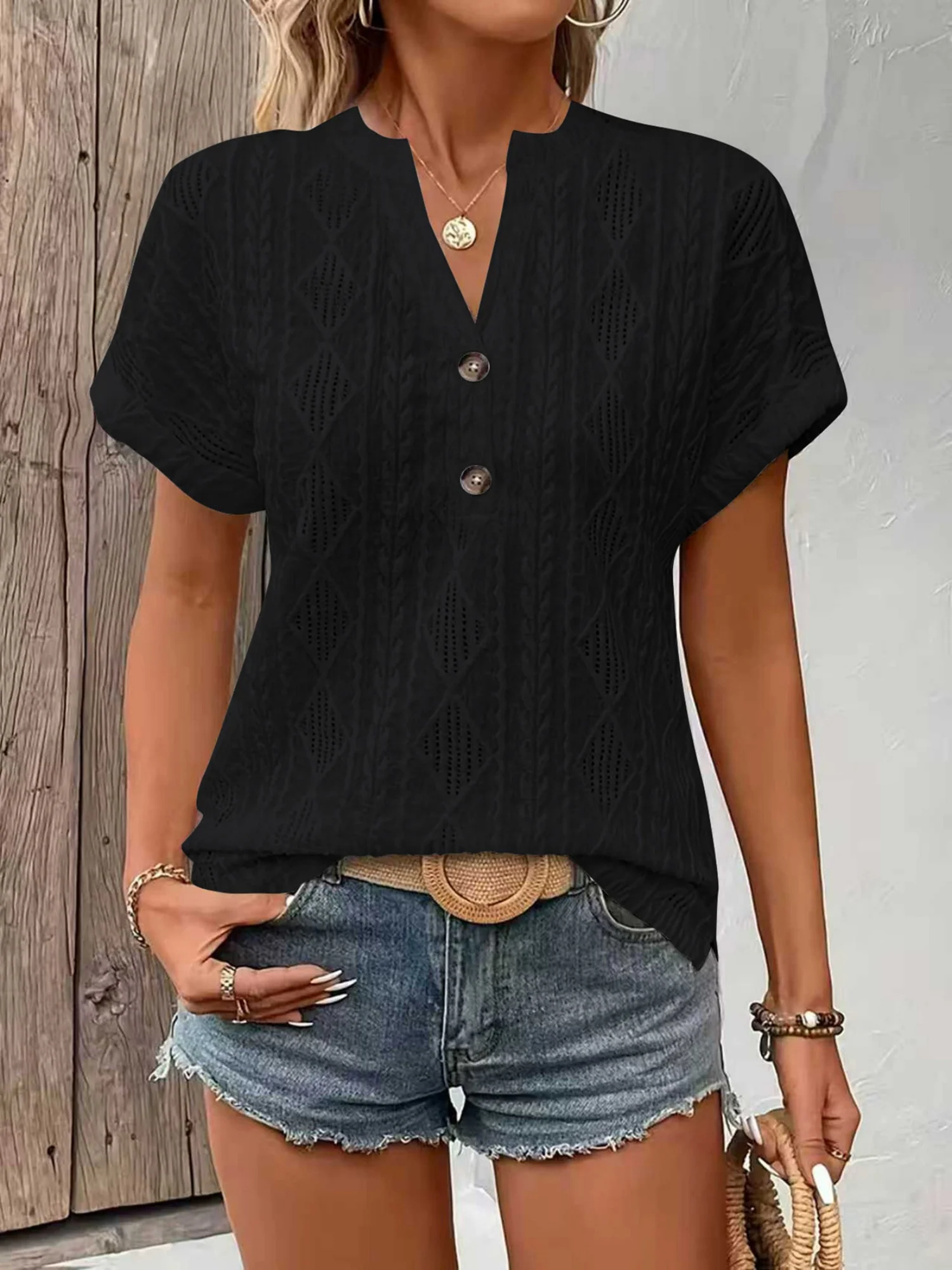 Knitting Buttons V-neck Short Sleeve T-shirts - Image 6