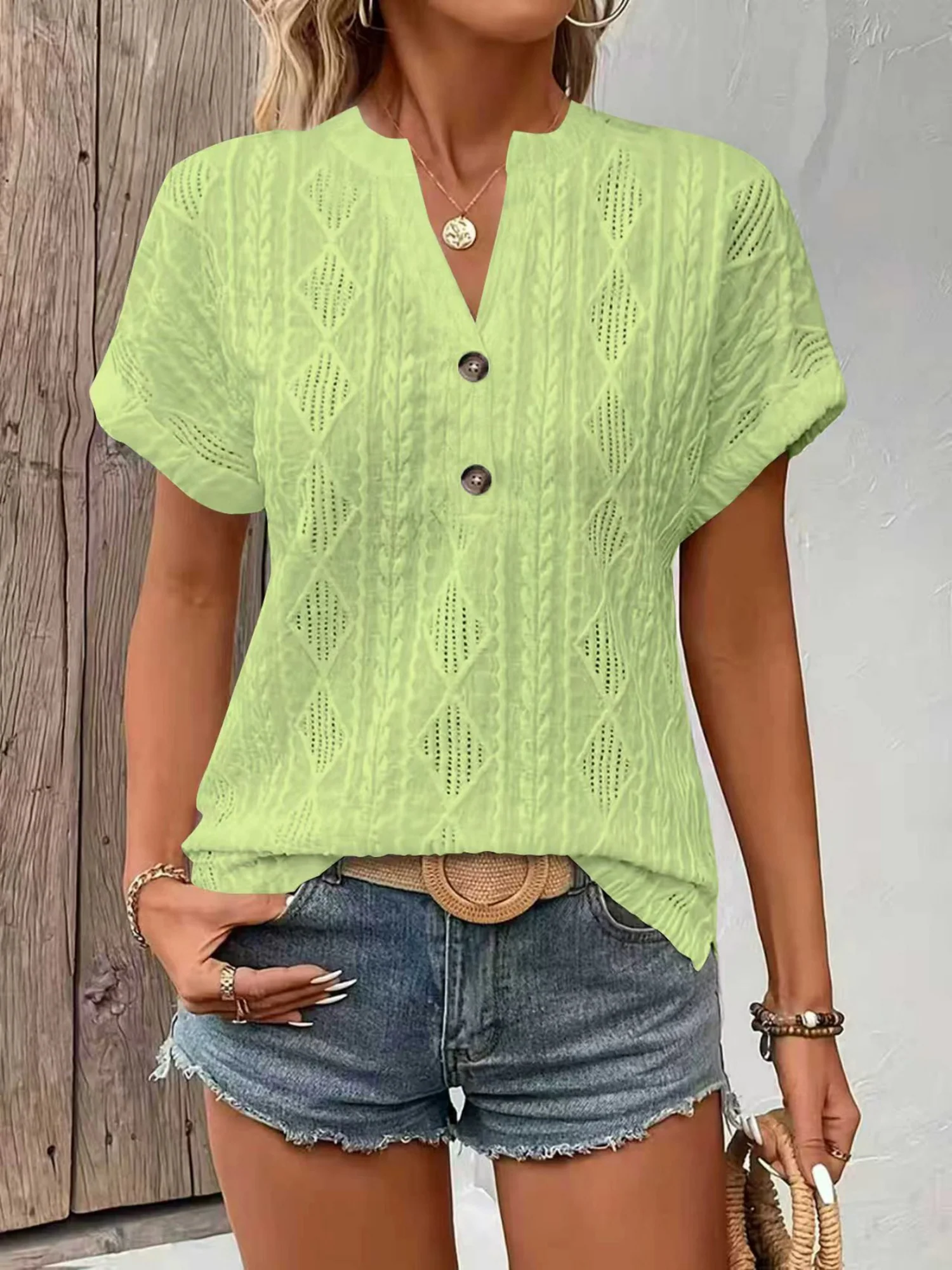 Knitting Buttons V-neck Short Sleeve T-shirts - Image 8