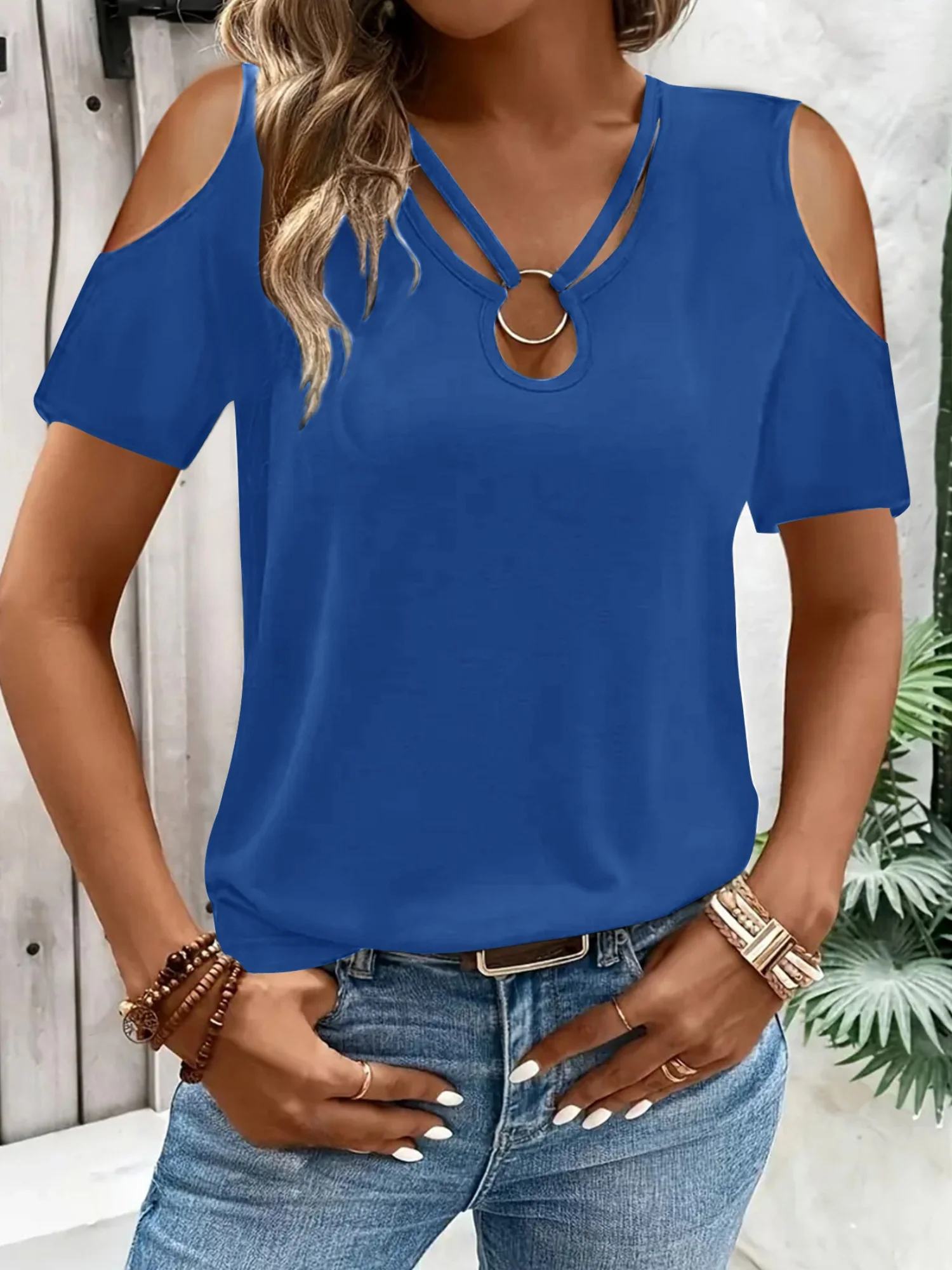Hollowed-out Cross Off-shoulder V-neck Short Sleeve T-shirts - Image 2