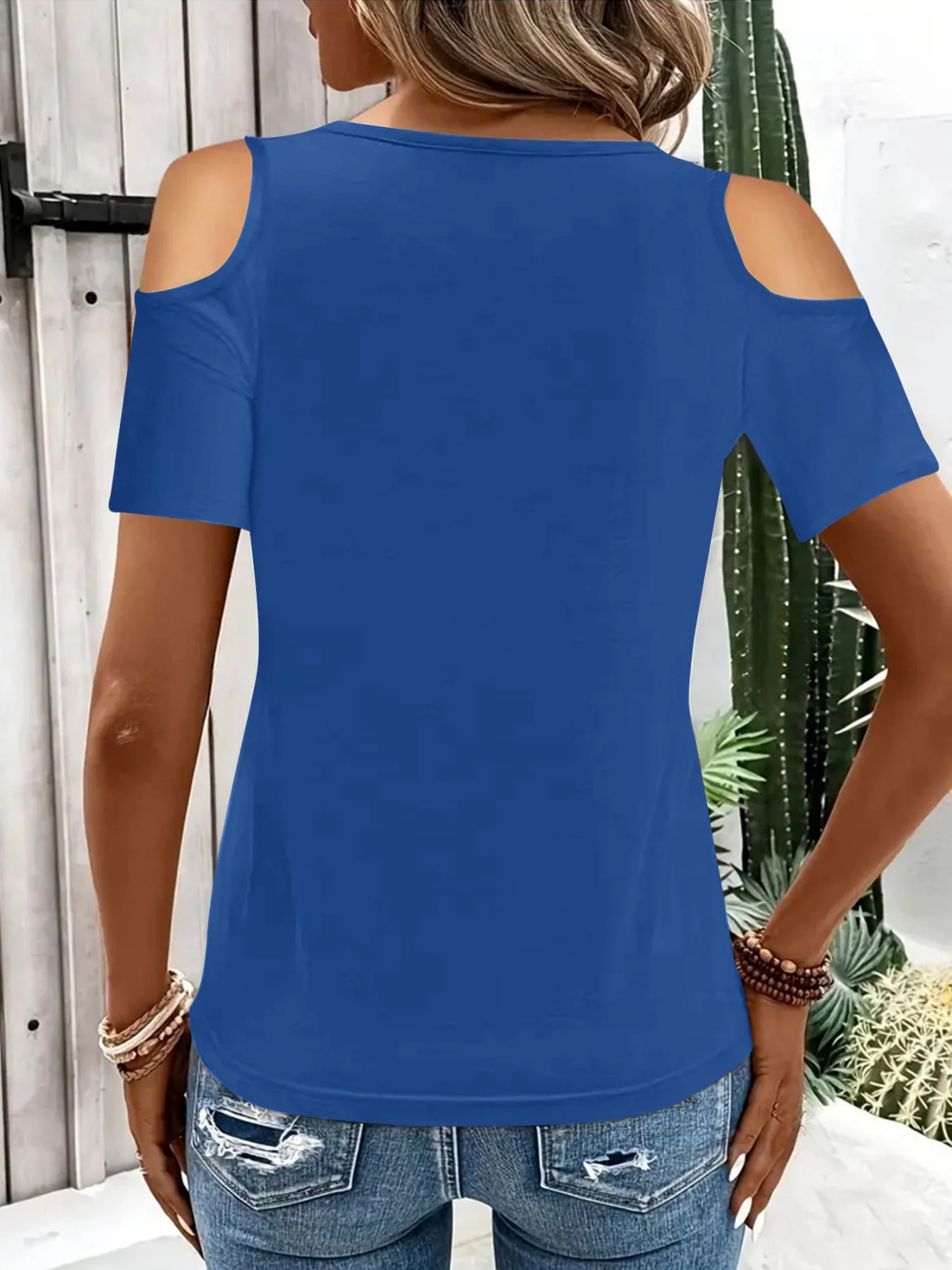 Hollowed-out Cross Off-shoulder V-neck Short Sleeve T-shirts - Image 3