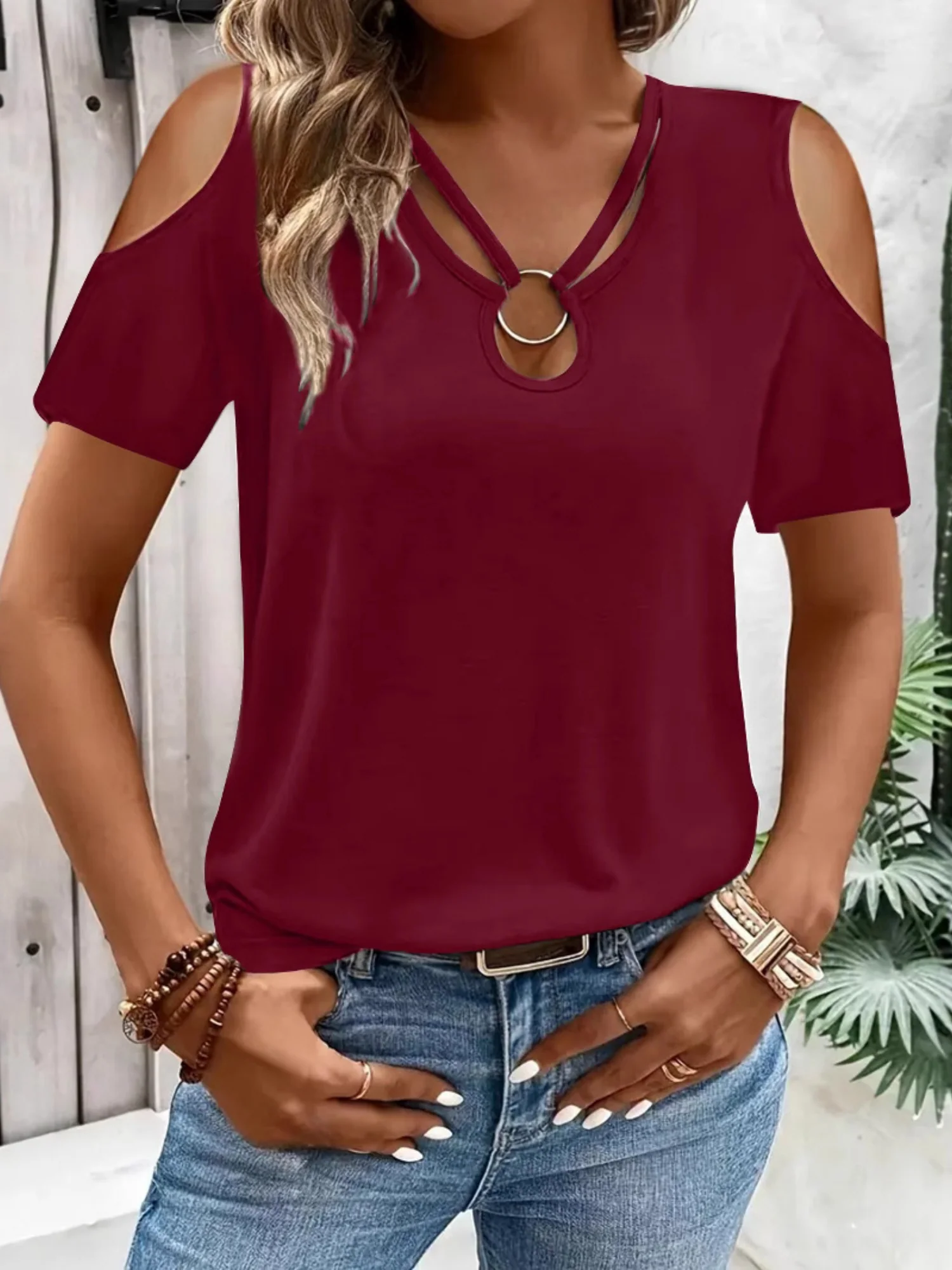 Hollowed-out Cross Off-shoulder V-neck Short Sleeve T-shirts - Image 6