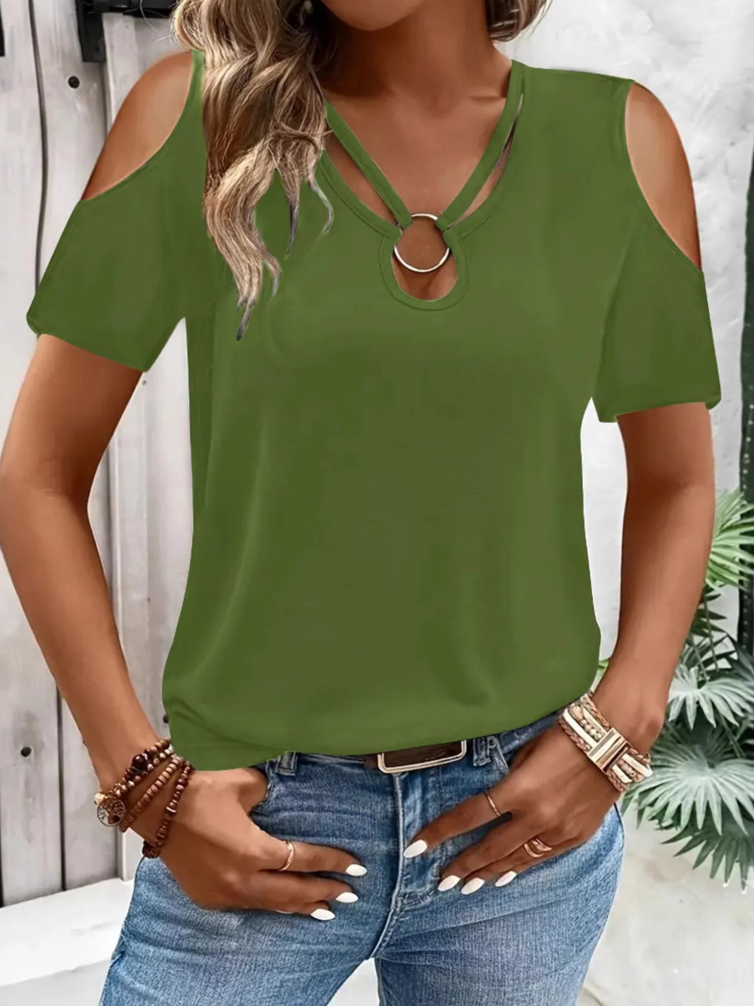 Hollowed-out Cross Off-shoulder V-neck Short Sleeve T-shirts - Image 7