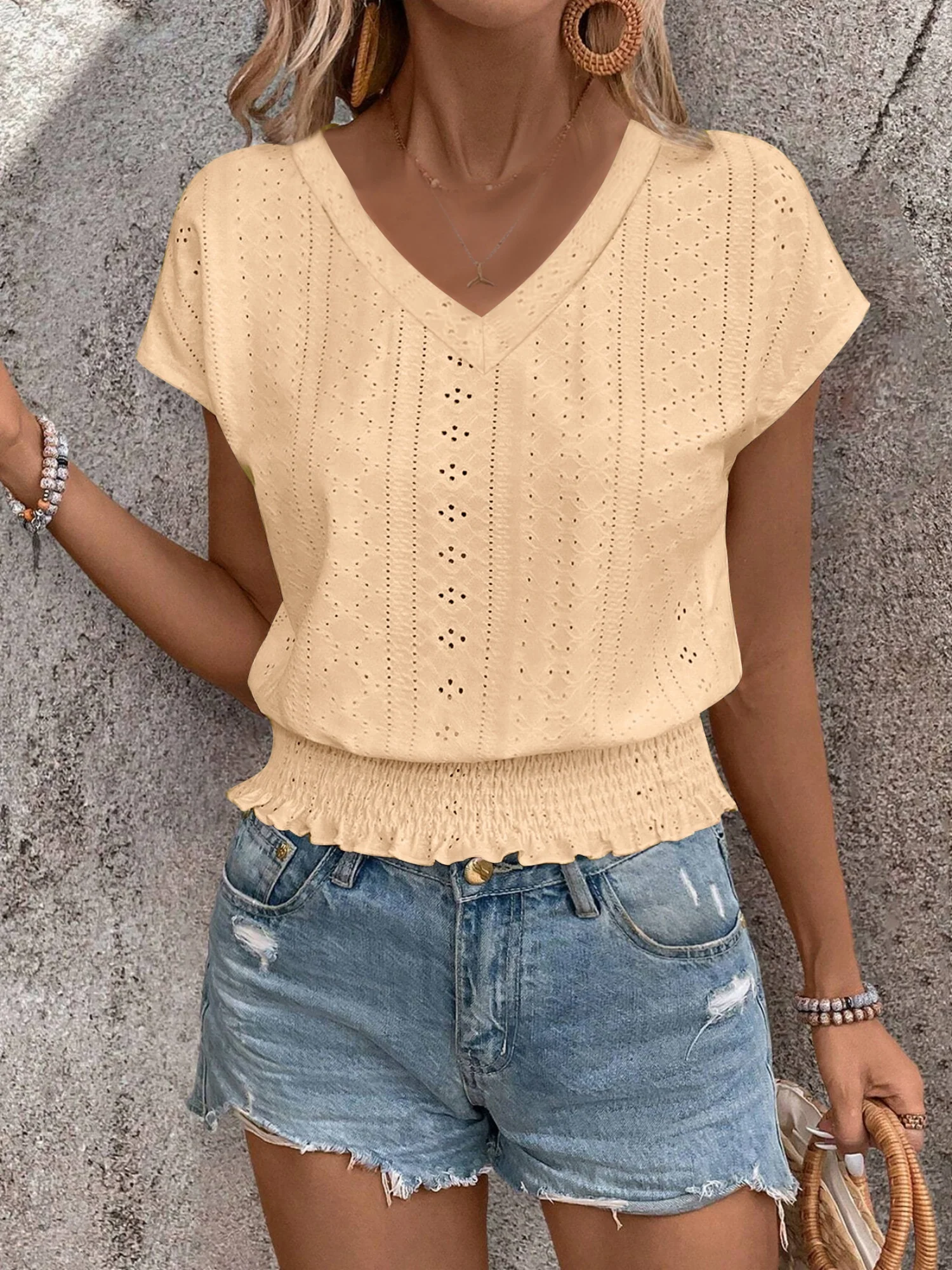 Jacquard Hollow Out Slab V-neck Short Sleeve T-shirts - Image 2