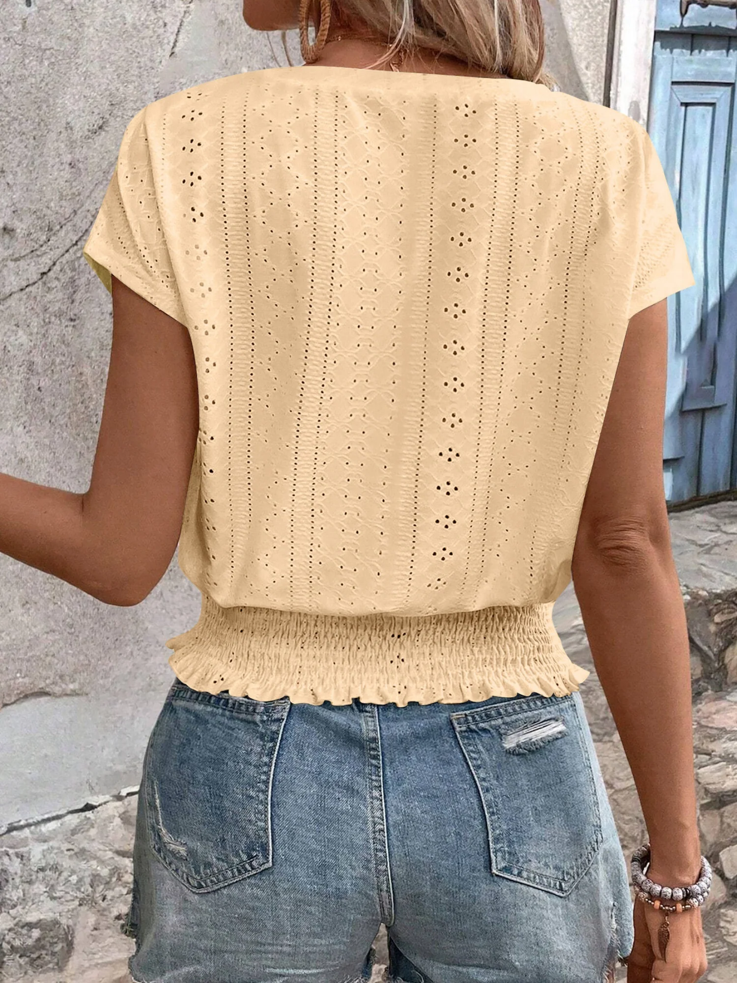 Jacquard Hollow Out Slab V-neck Short Sleeve T-shirts - Image 3