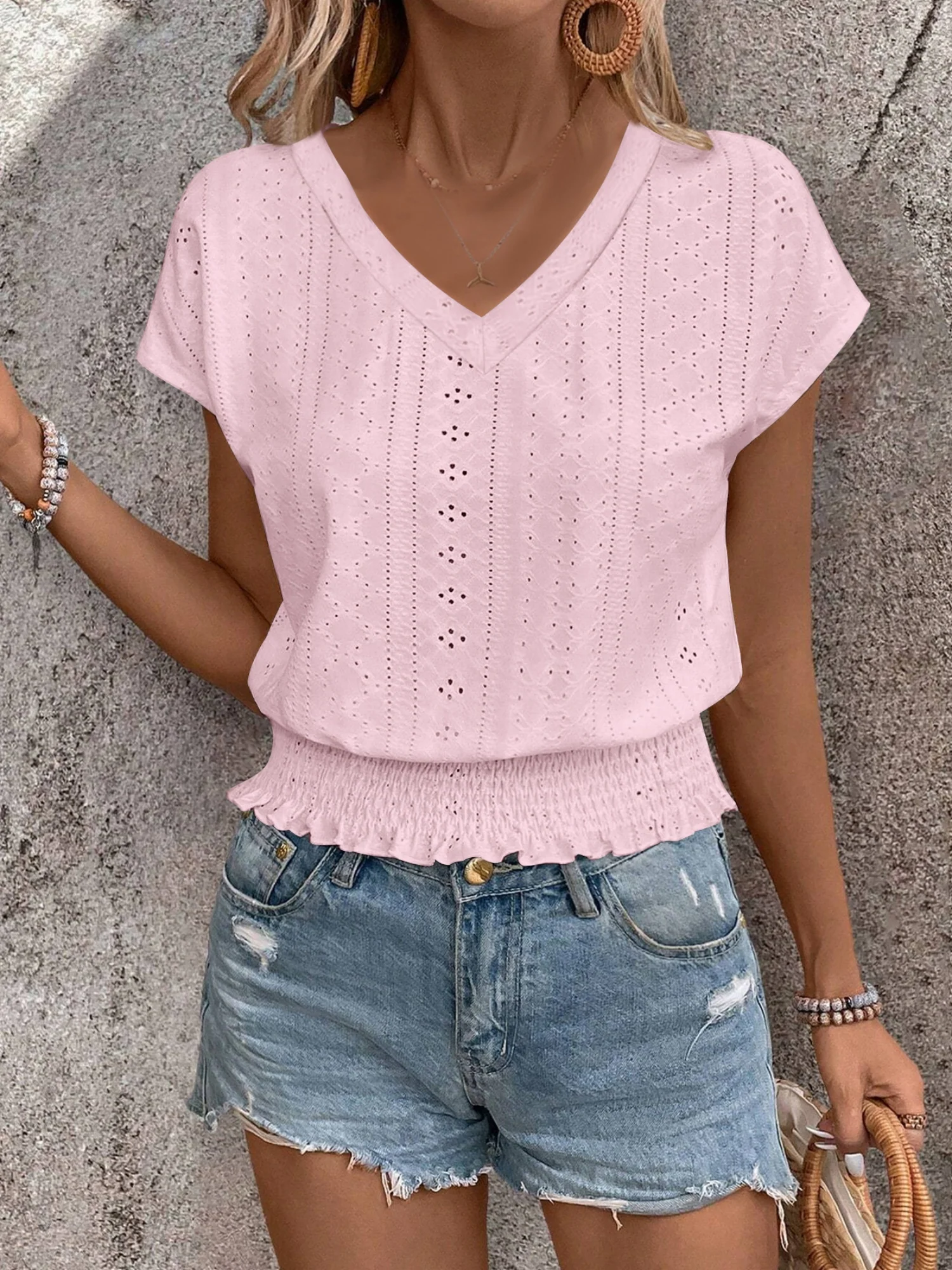 Jacquard Hollow Out Slab V-neck Short Sleeve T-shirts - Image 5