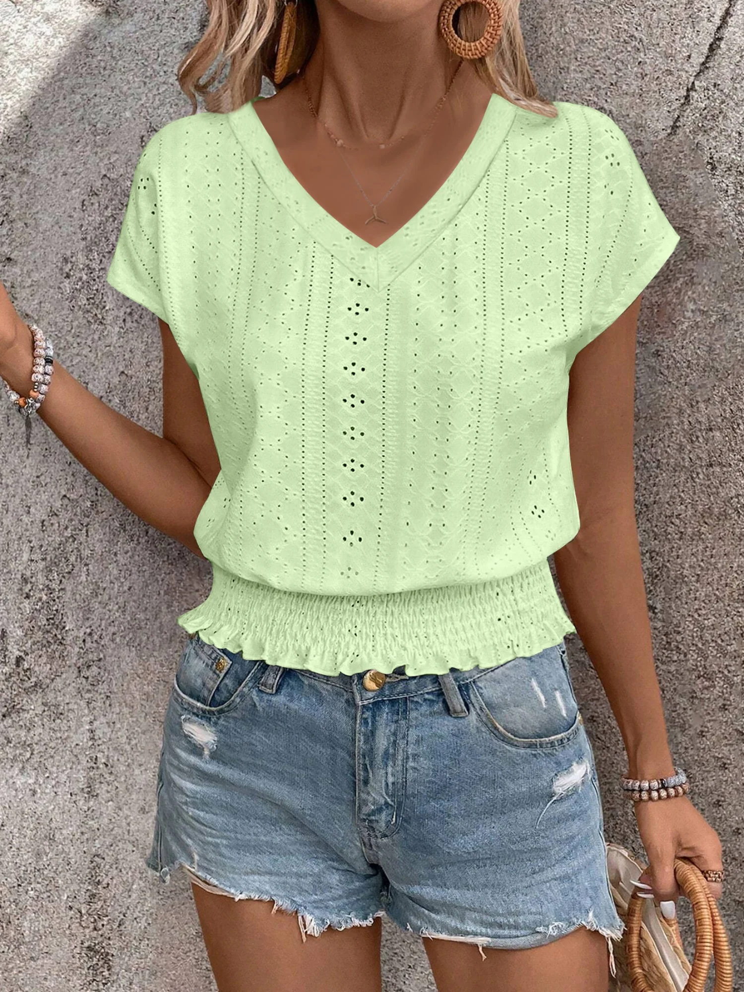 Jacquard Hollow Out Slab V-neck Short Sleeve T-shirts - Image 7