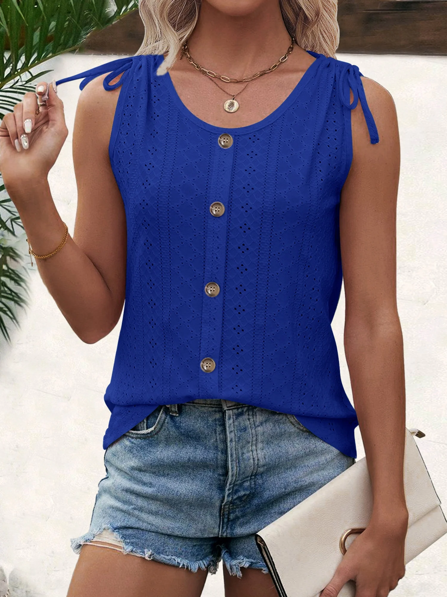 Jacquard Hollow Out Straps Buttons U-neck Vest - Image 10