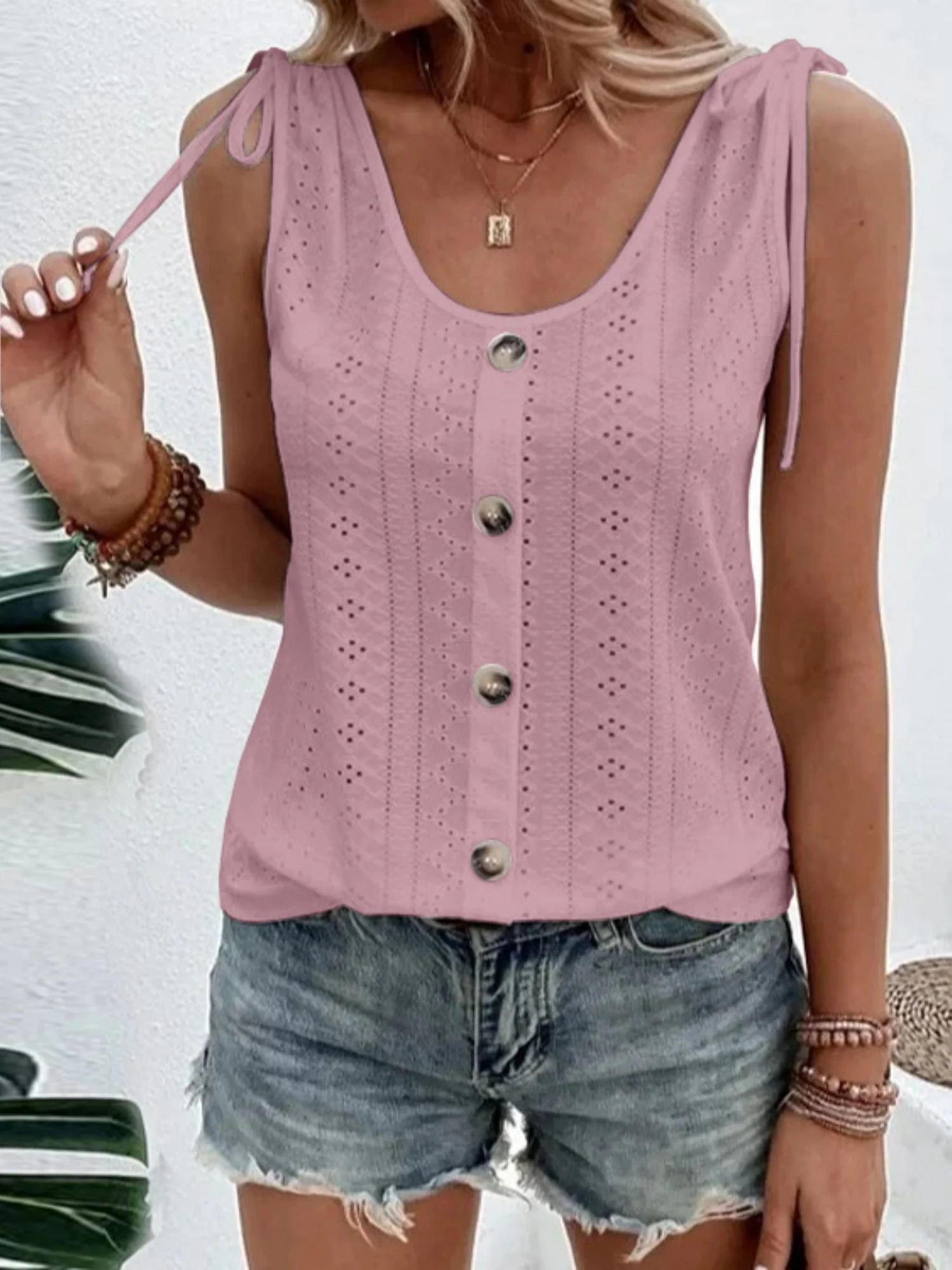 Jacquard Hollow Out Straps Buttons U-neck Vest - Image 12
