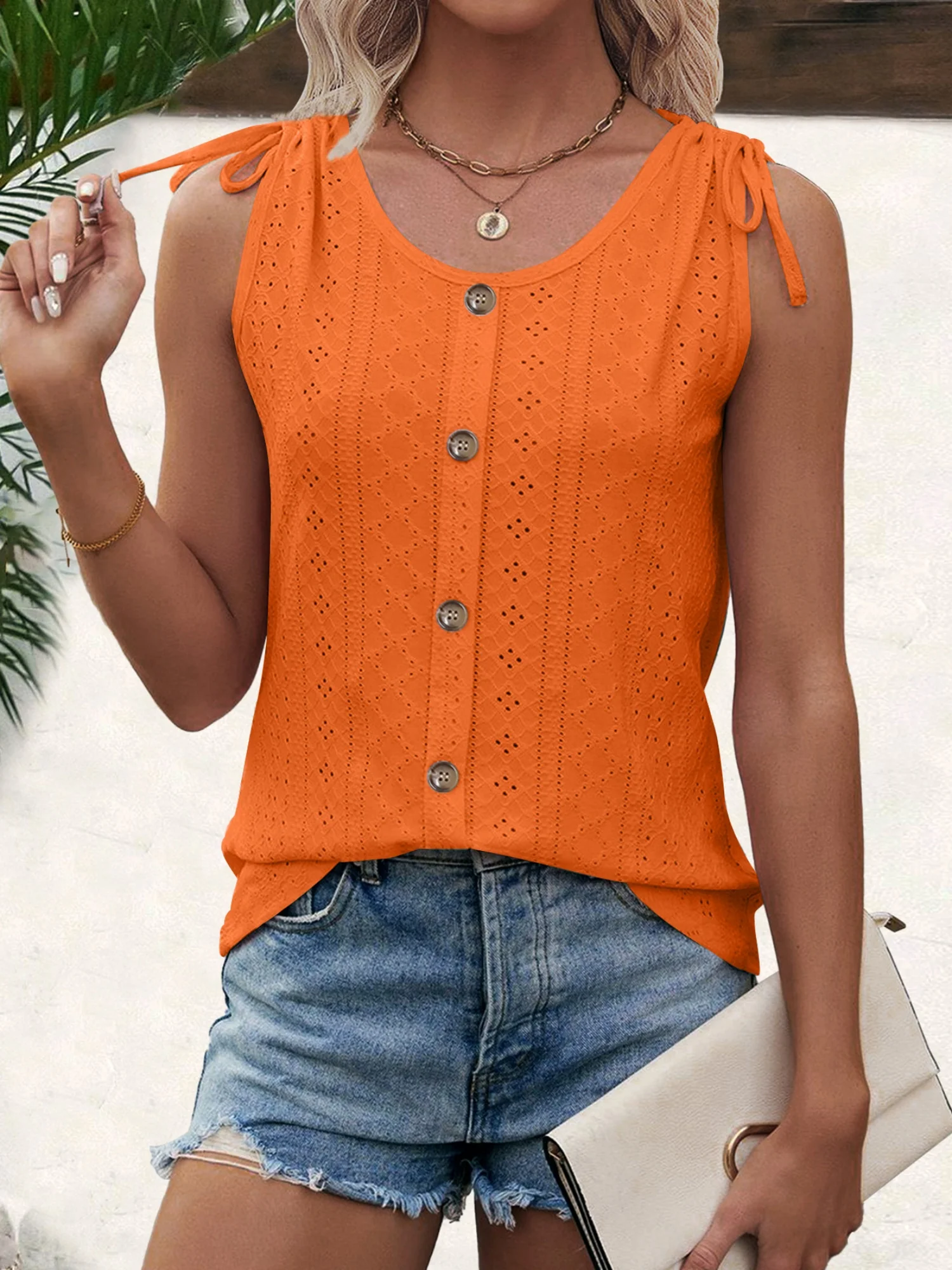 Jacquard Hollow Out Straps Buttons U-neck Vest - Image 7