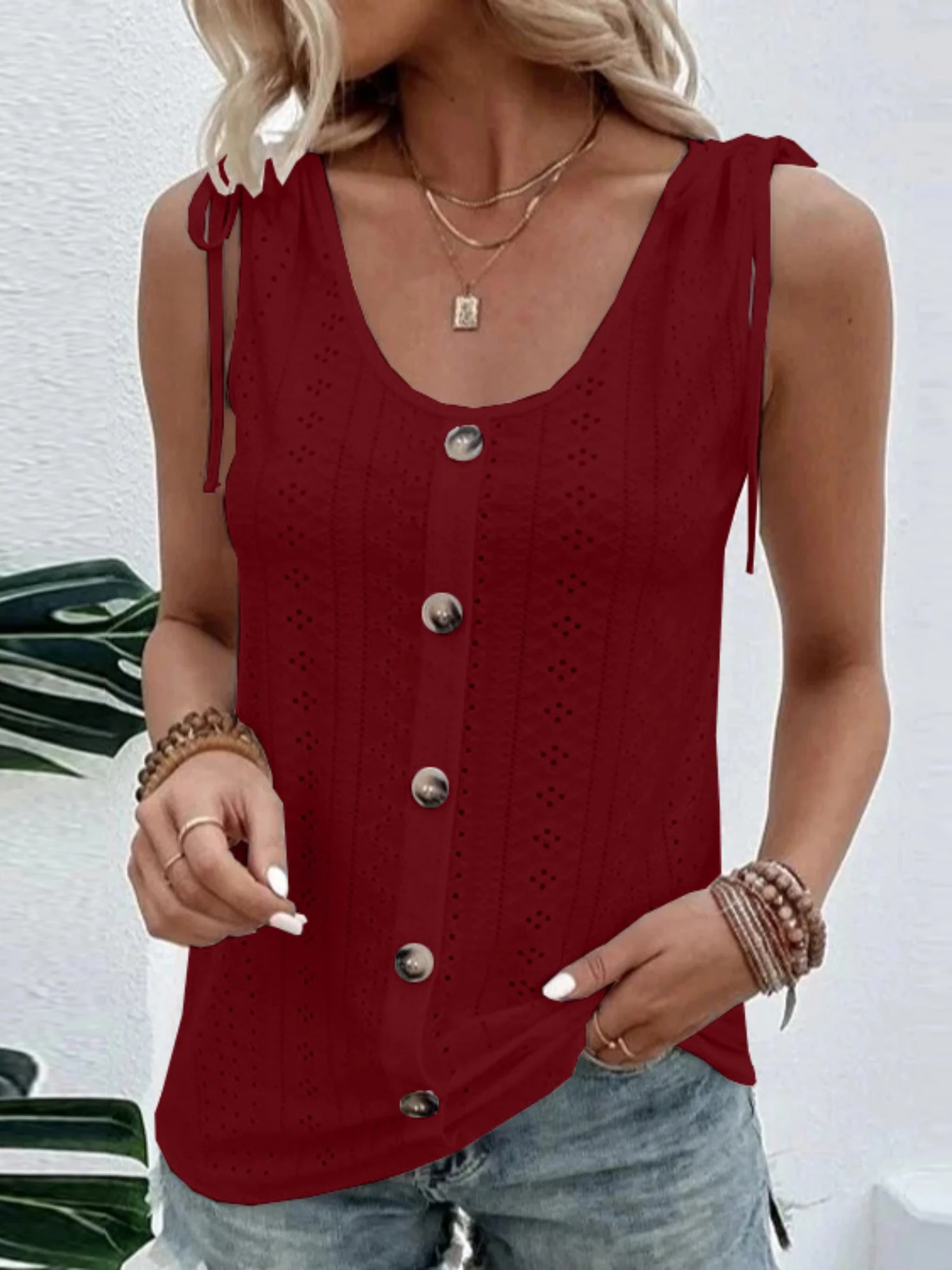 Jacquard Hollow Out Straps Buttons U-neck Vest - Image 8