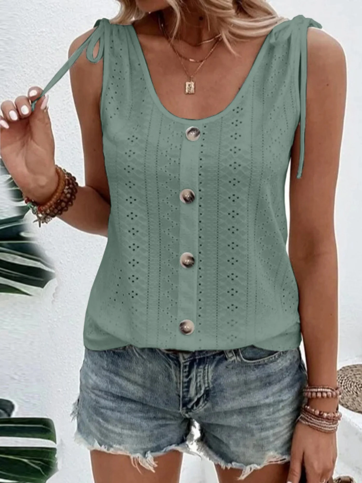Jacquard Hollow Out Straps Buttons U-neck Vest - Image 9