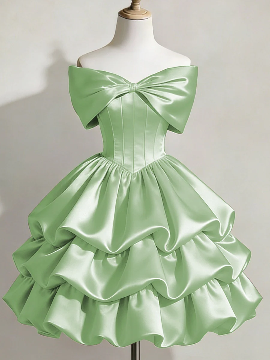 Satin Off-shoulder Bow Design Multi-layered Short Dress - Image 10