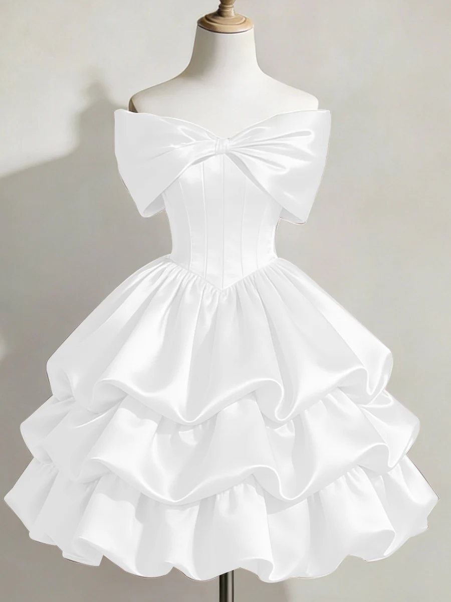 Satin Off-shoulder Bow Design Multi-layered Short Dress - Image 11