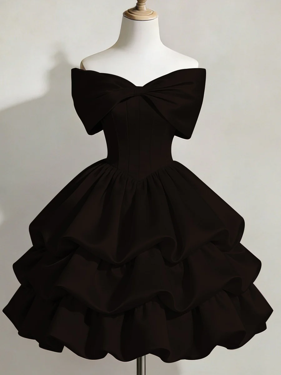 Satin Off-shoulder Bow Design Multi-layered Short Dress - Image 12