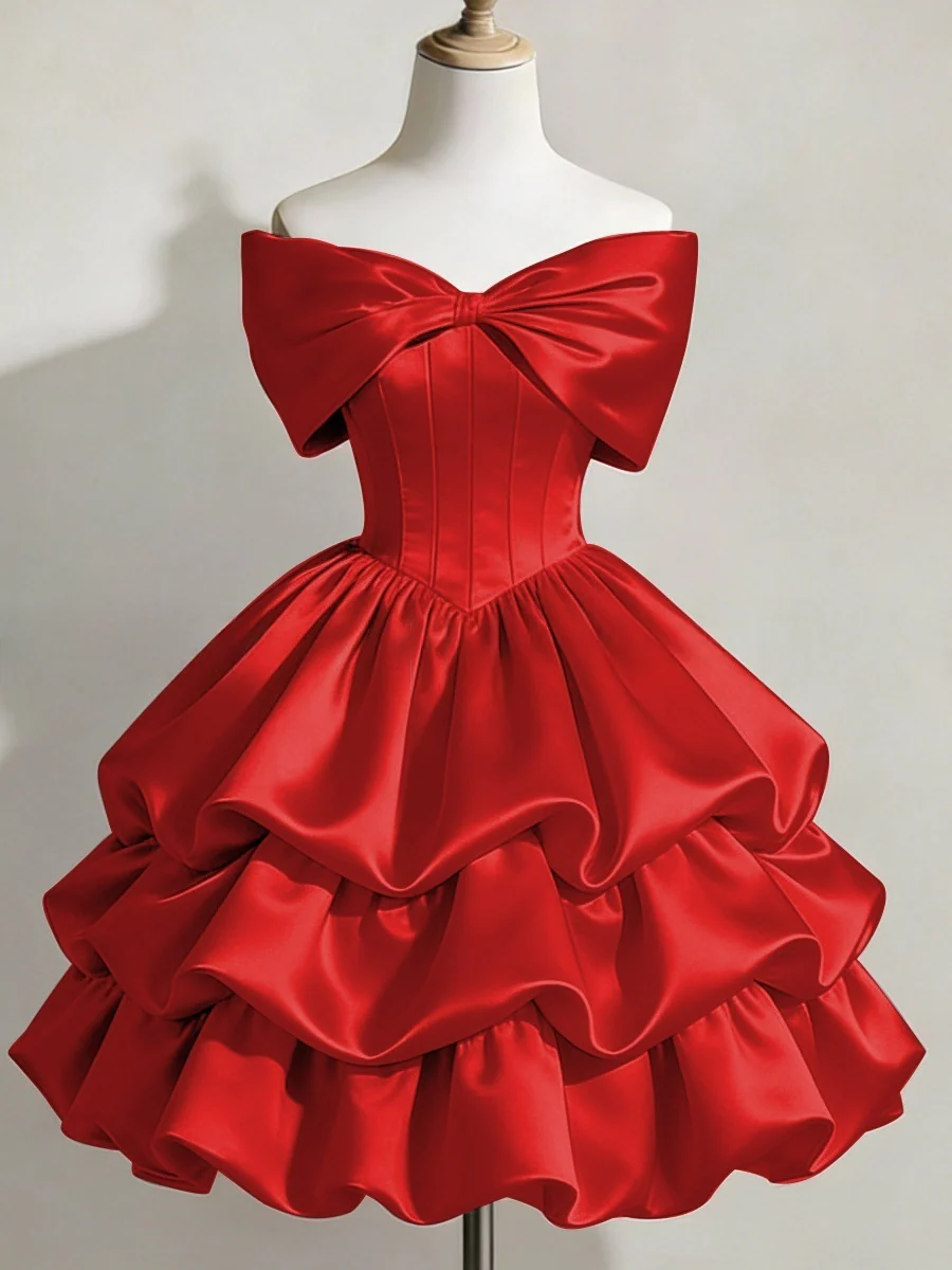 Satin Off-shoulder Bow Design Multi-layered Short Dress - Image 13