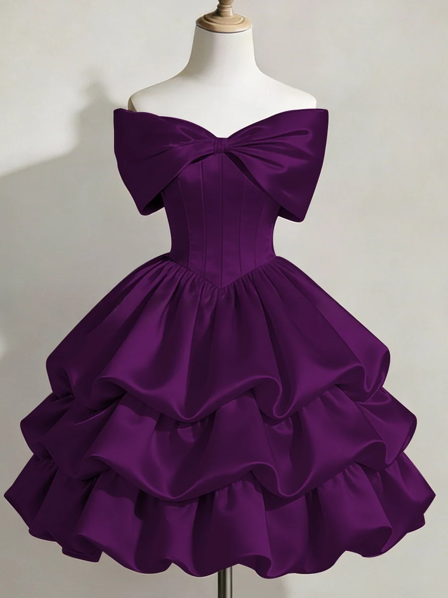 Satin Off-shoulder Bow Design Multi-layered Short Dress - Image 14