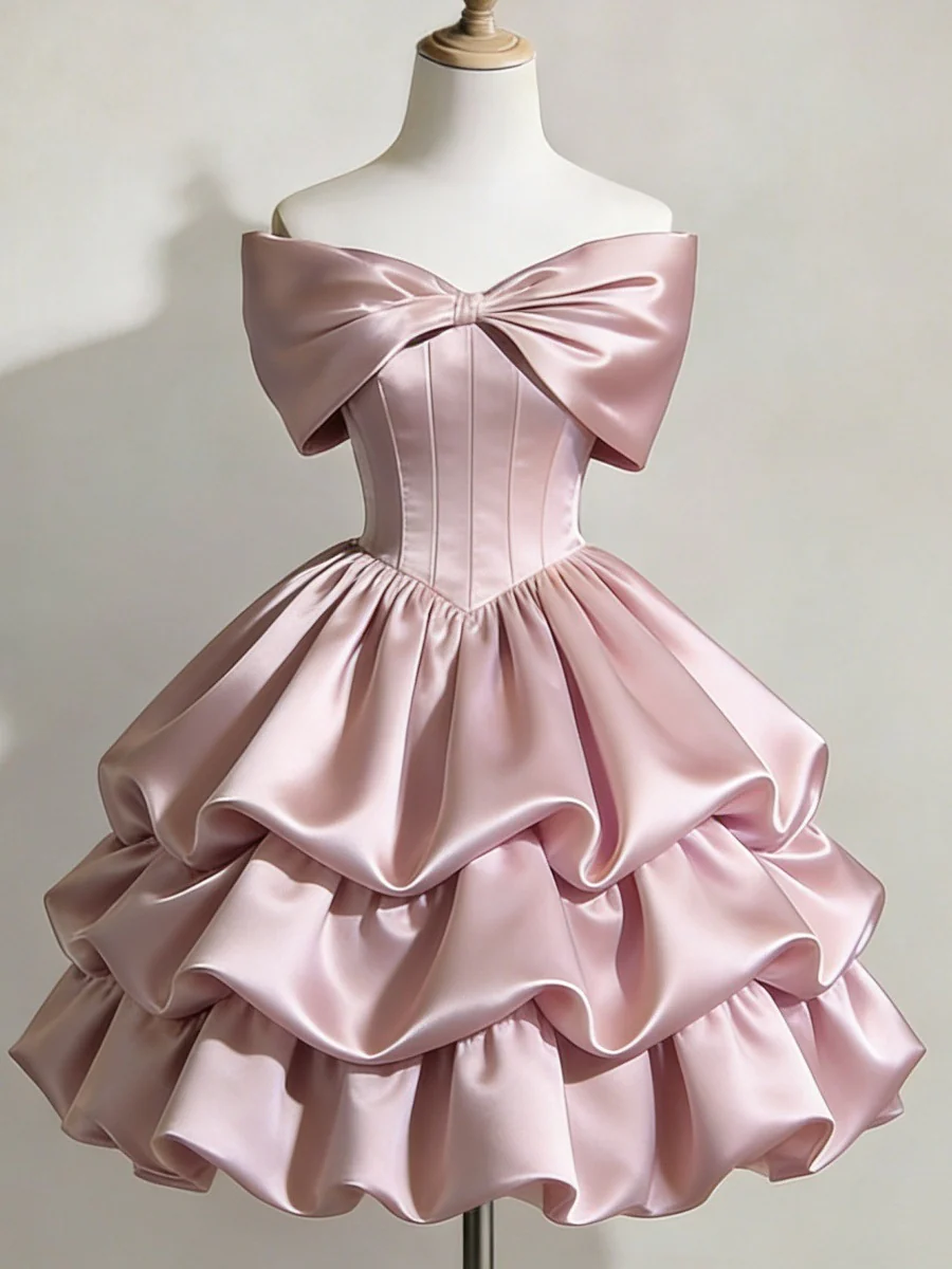 Satin Off-shoulder Bow Design Multi-layered Short Dress - Image 2