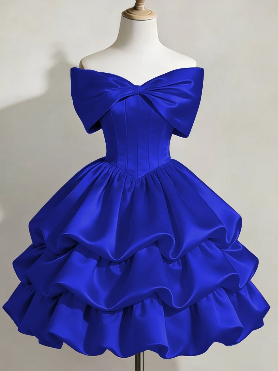 Satin Off-shoulder Bow Design Multi-layered Short Dress - Image 6