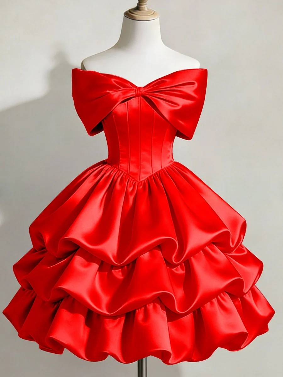 Satin Off-shoulder Bow Design Multi-layered Short Dress - Image 8