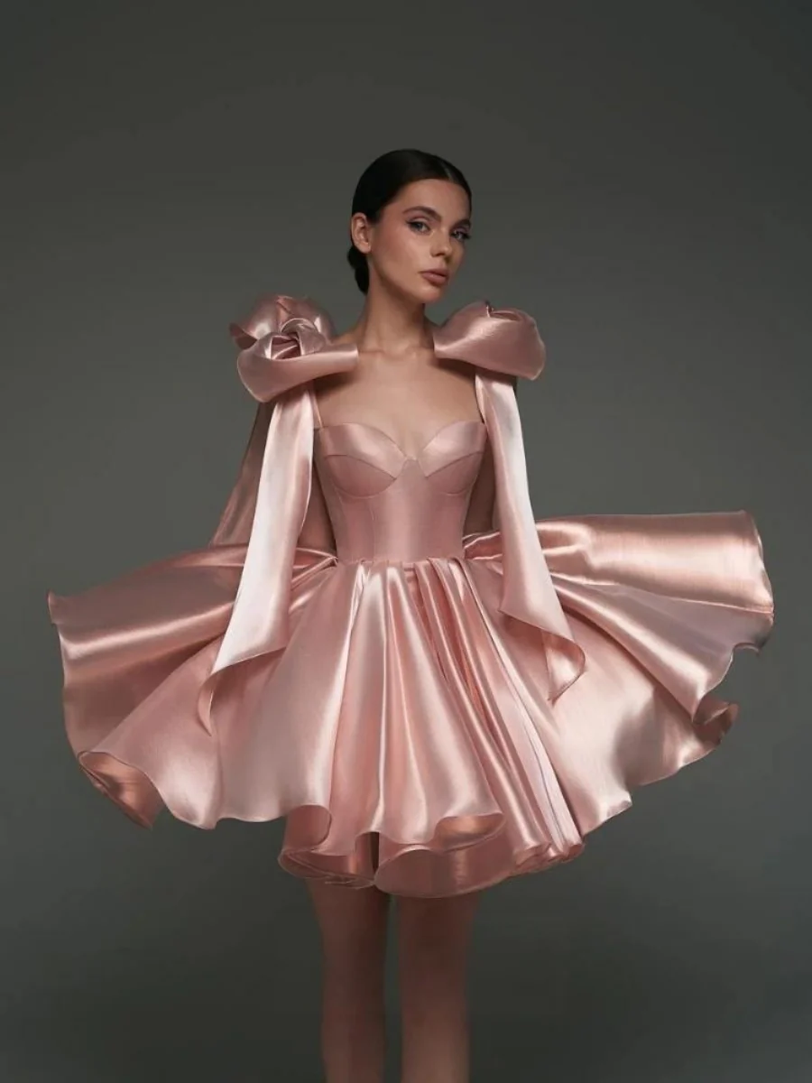 Glossy Fabric, Bow Design, Spaghetti Strap Mini Dress - Image 11