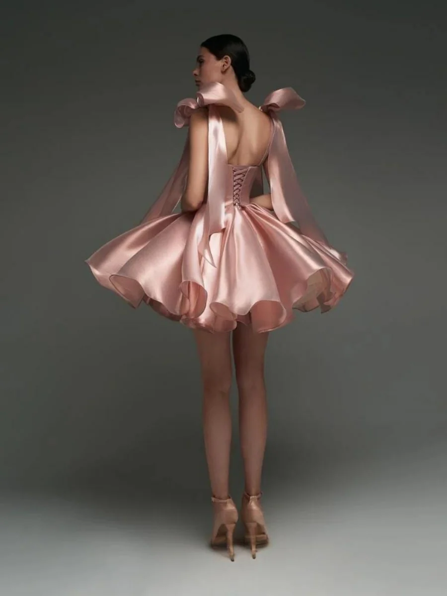 Glossy Fabric, Bow Design, Spaghetti Strap Mini Dress - Image 12