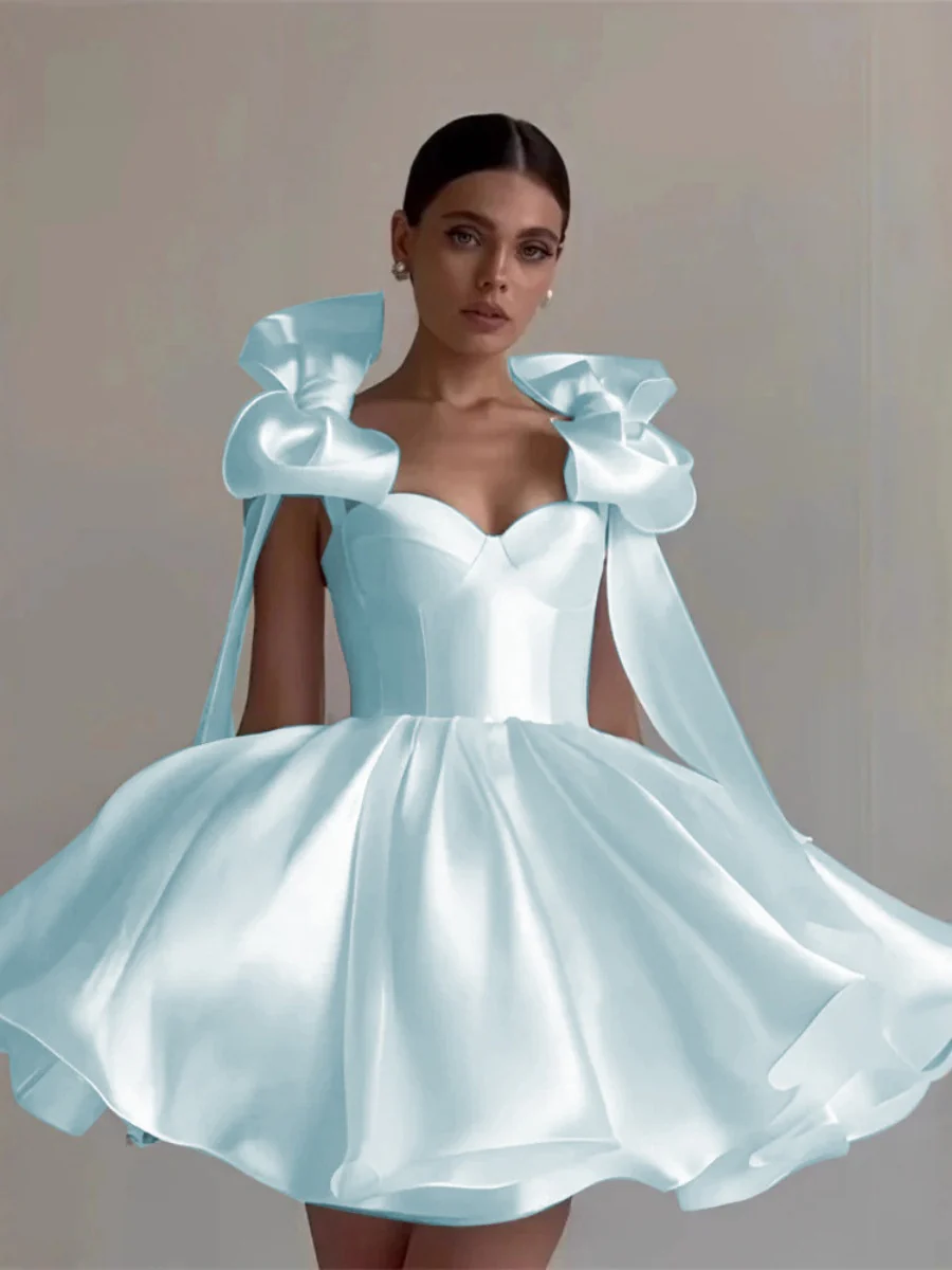 Glossy Fabric, Bow Design, Spaghetti Strap Mini Dress - Image 14