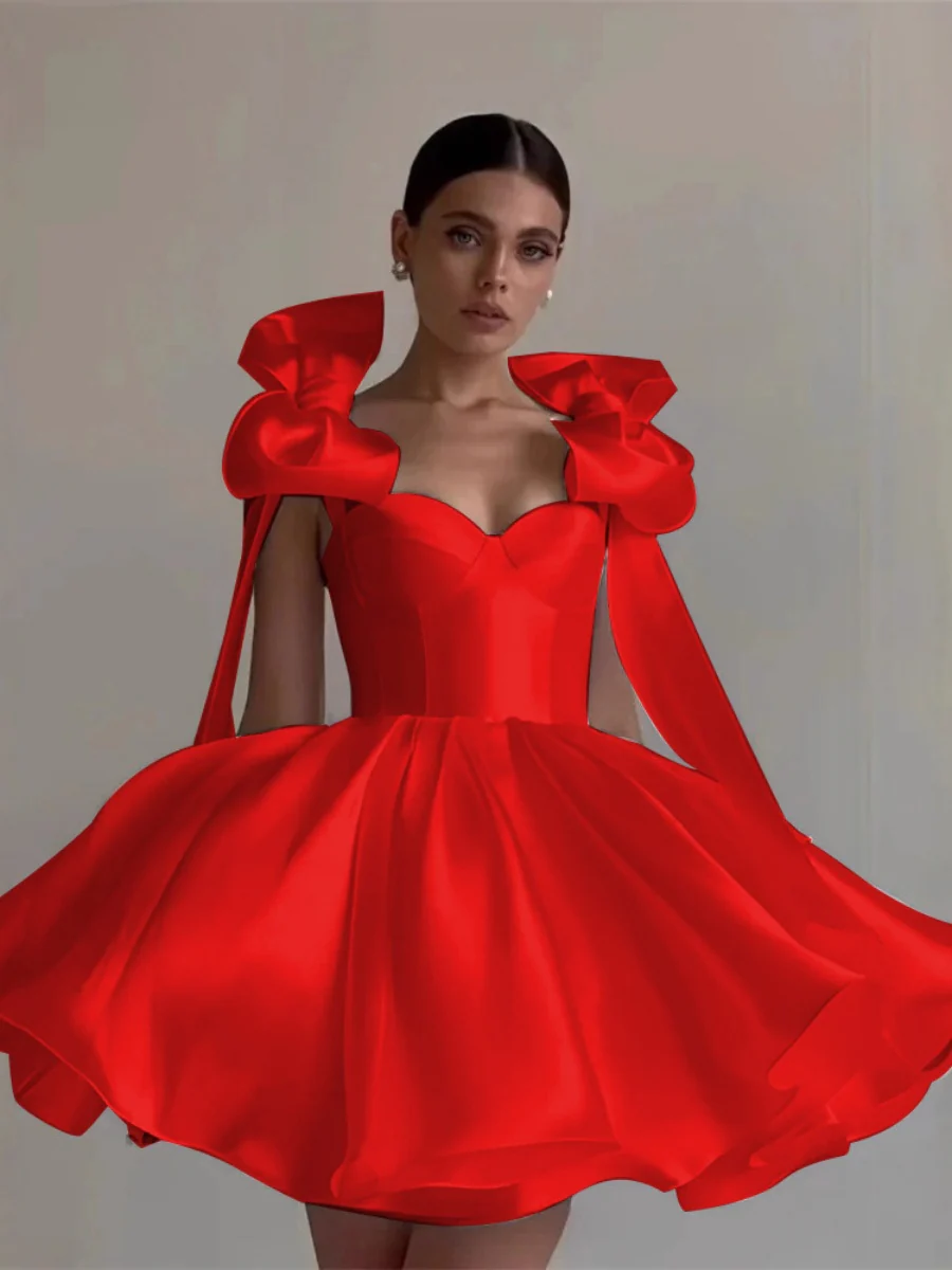 Glossy Fabric, Bow Design, Spaghetti Strap Mini Dress - Image 17