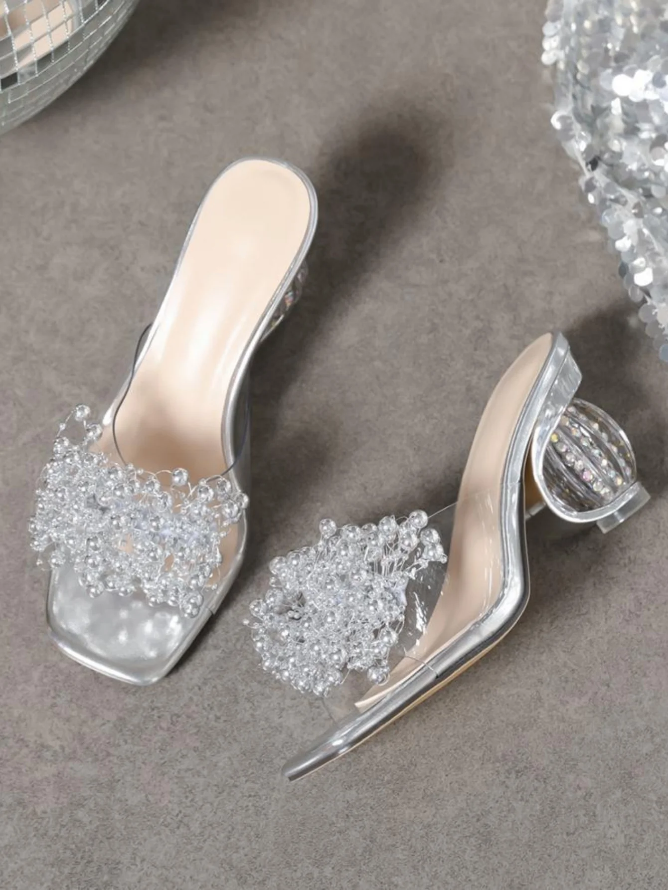 Beaded Flower Transparent High-Heeled Sandals - Image 6
