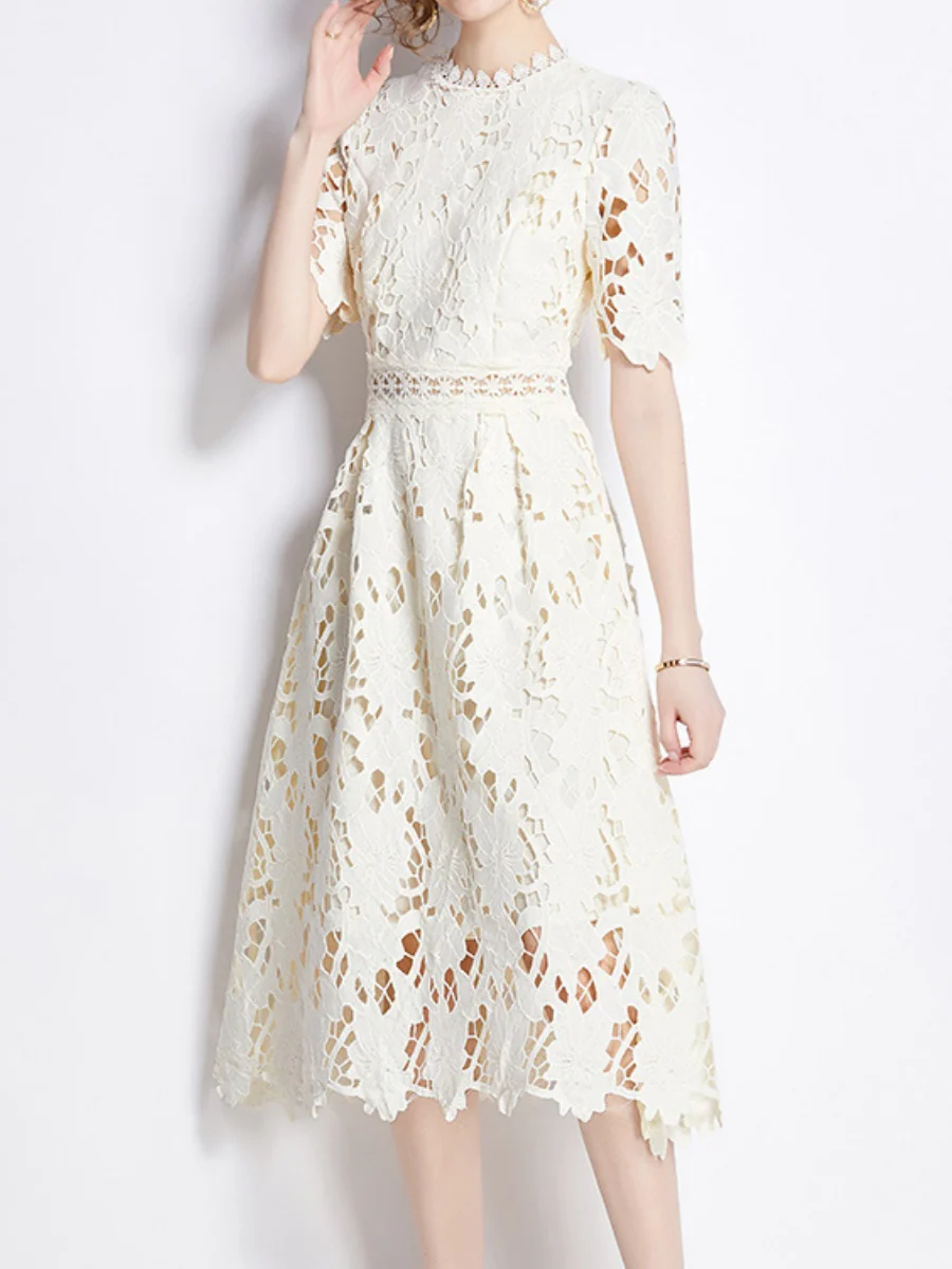 Water-soluble Lace Short-sleeved Slim-fit Midi Dress - Image 10