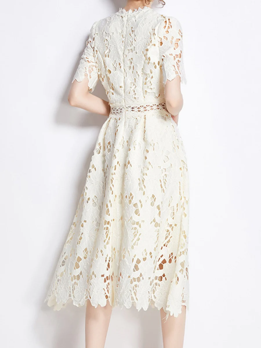 Water-soluble Lace Short-sleeved Slim-fit Midi Dress - Image 13