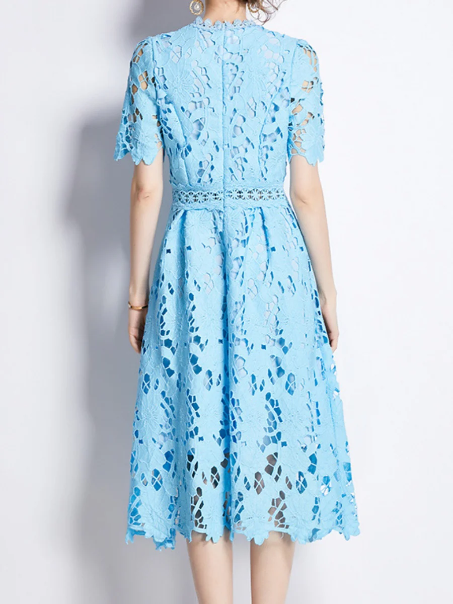 Water-soluble Lace Short-sleeved Slim-fit Midi Dress - Image 15
