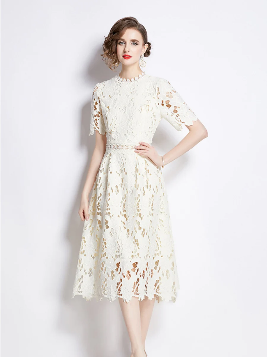 Water-soluble Lace Short-sleeved Slim-fit Midi Dress - Image 8