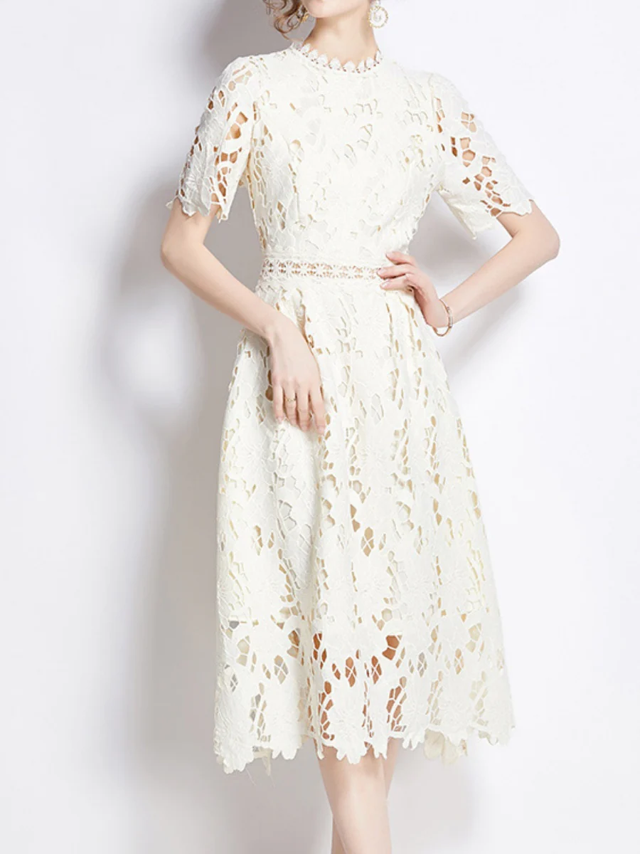 Water-soluble Lace Short-sleeved Slim-fit Midi Dress - Image 9