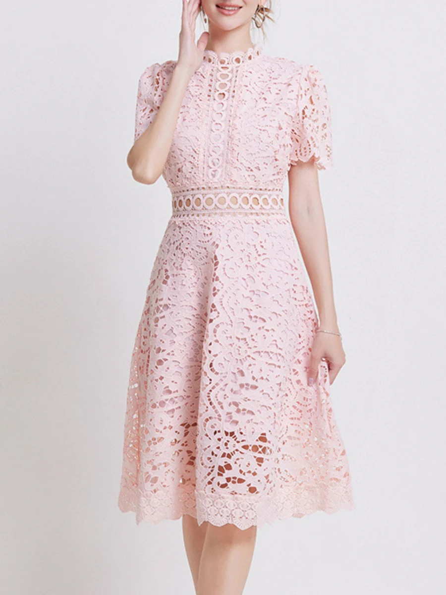 Lace Waist-cinching Hollow-out Midi Dress - Image 4